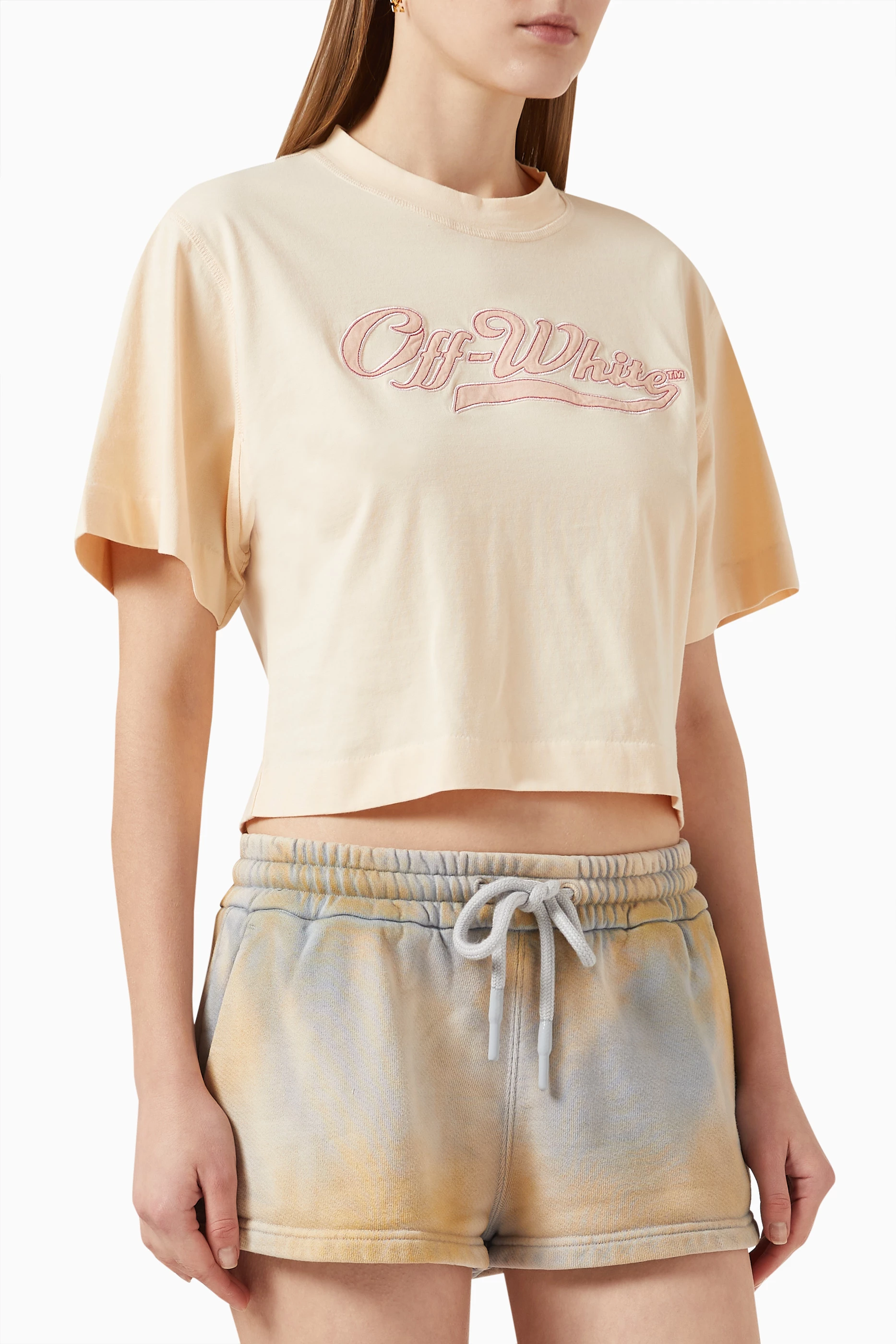 Buy Off White Neutral Script Baseball Crop Top in Cotton jersey