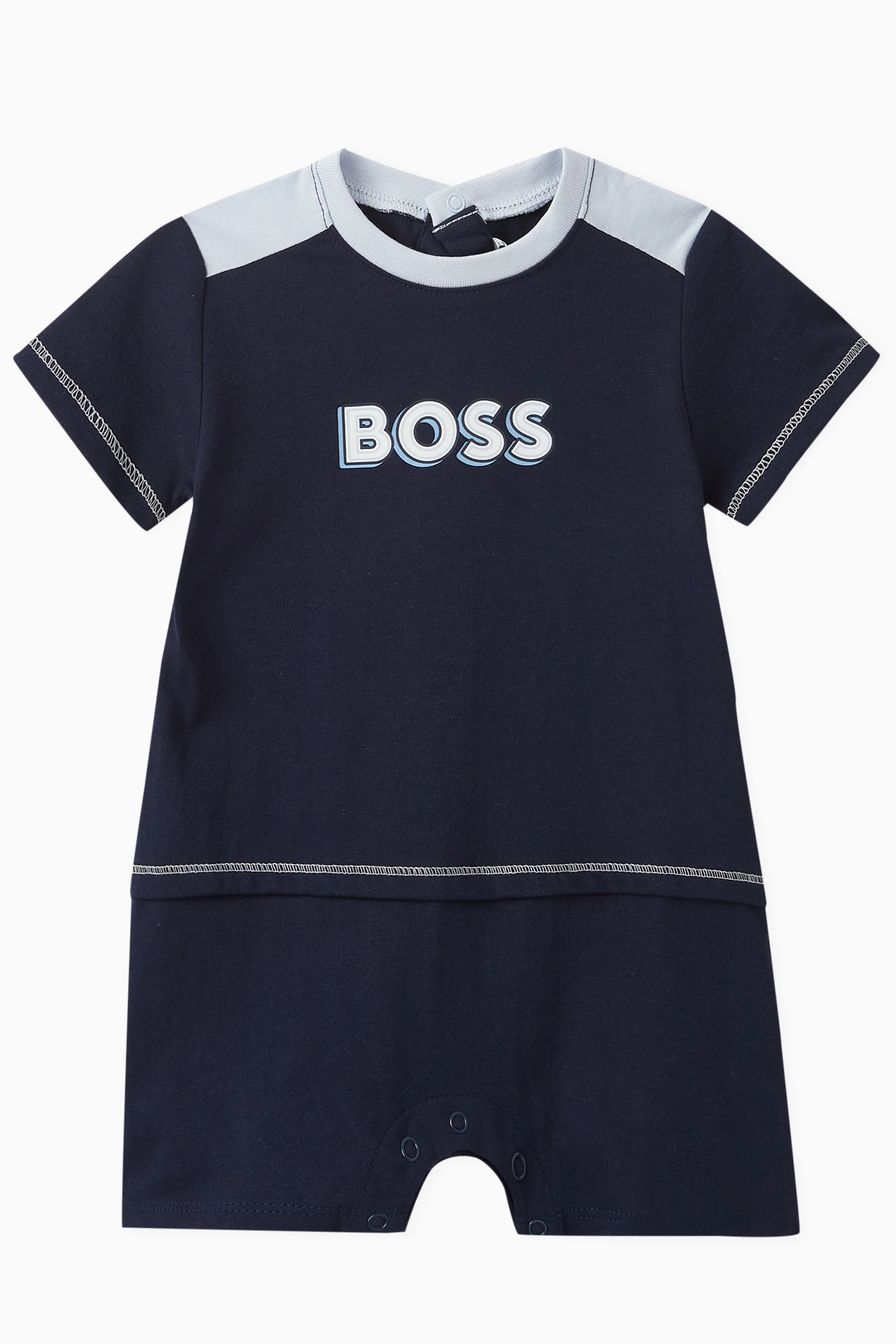 Buy BOSS Kidswear Blue Graphic Logo Print Romper in Cotton for