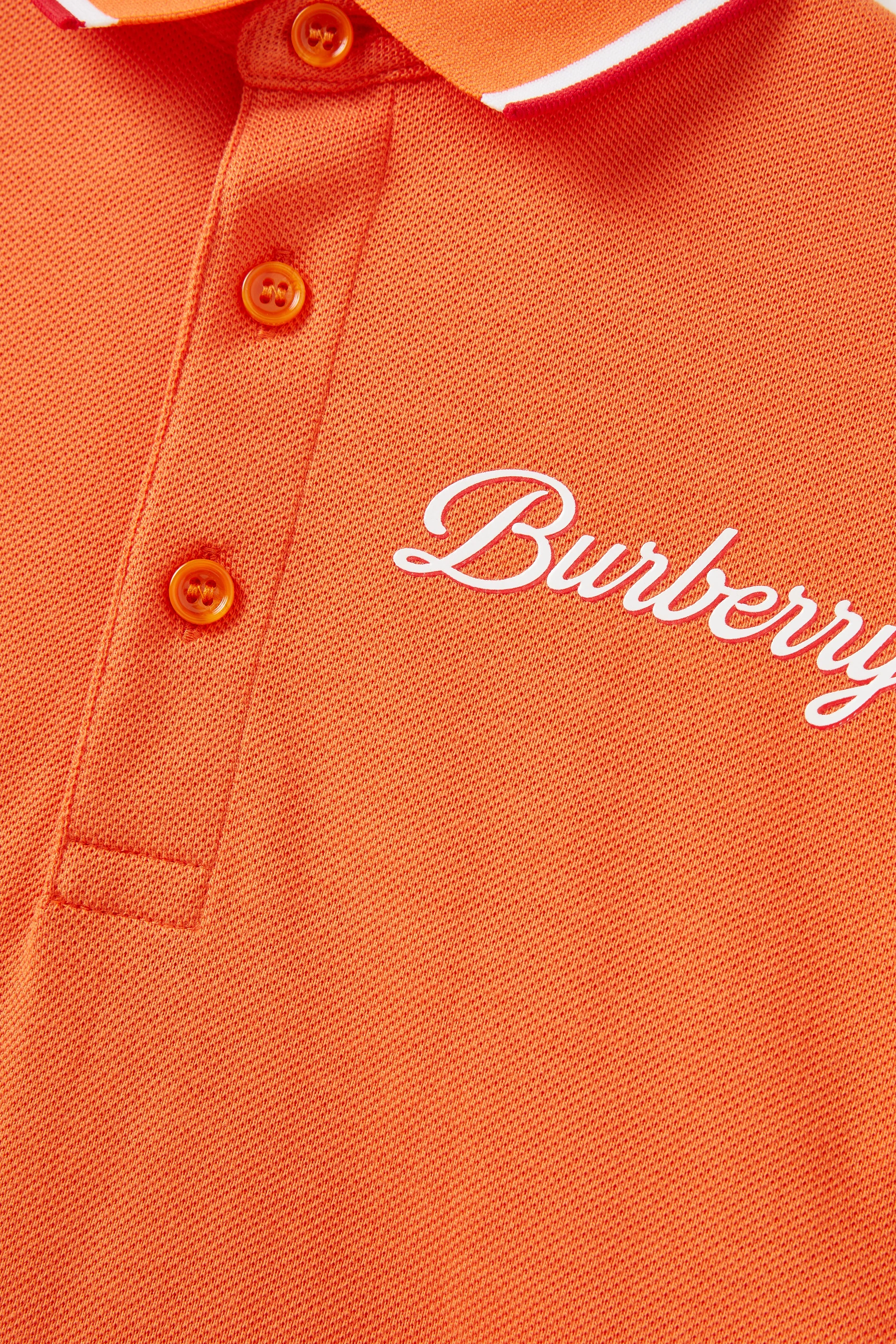 Buy Burberry Orange Langton Script Logo Polo in Cotton Piqu for