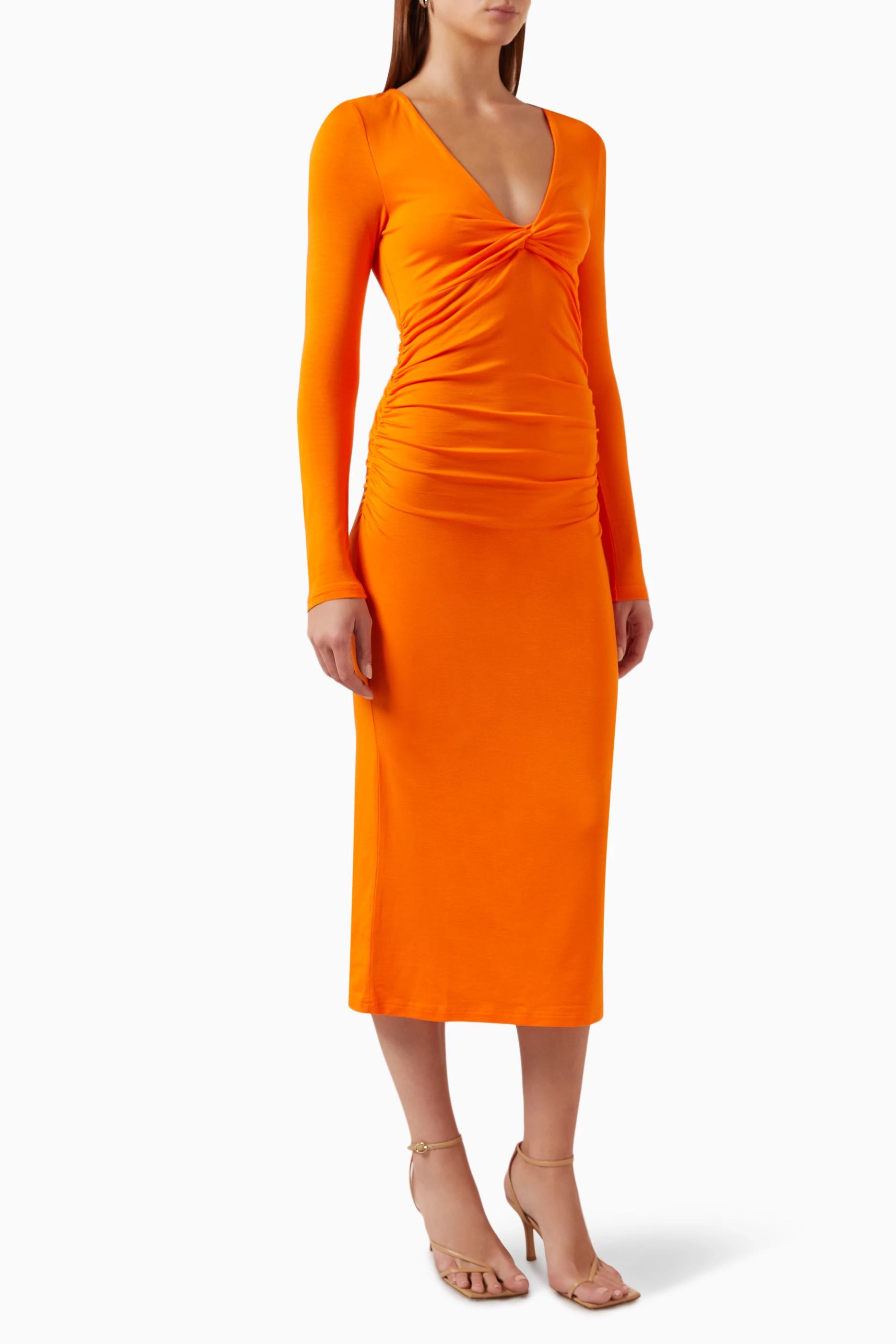 Buy Ganni Orange Midi Dress in Light stretch Jersey for Women in