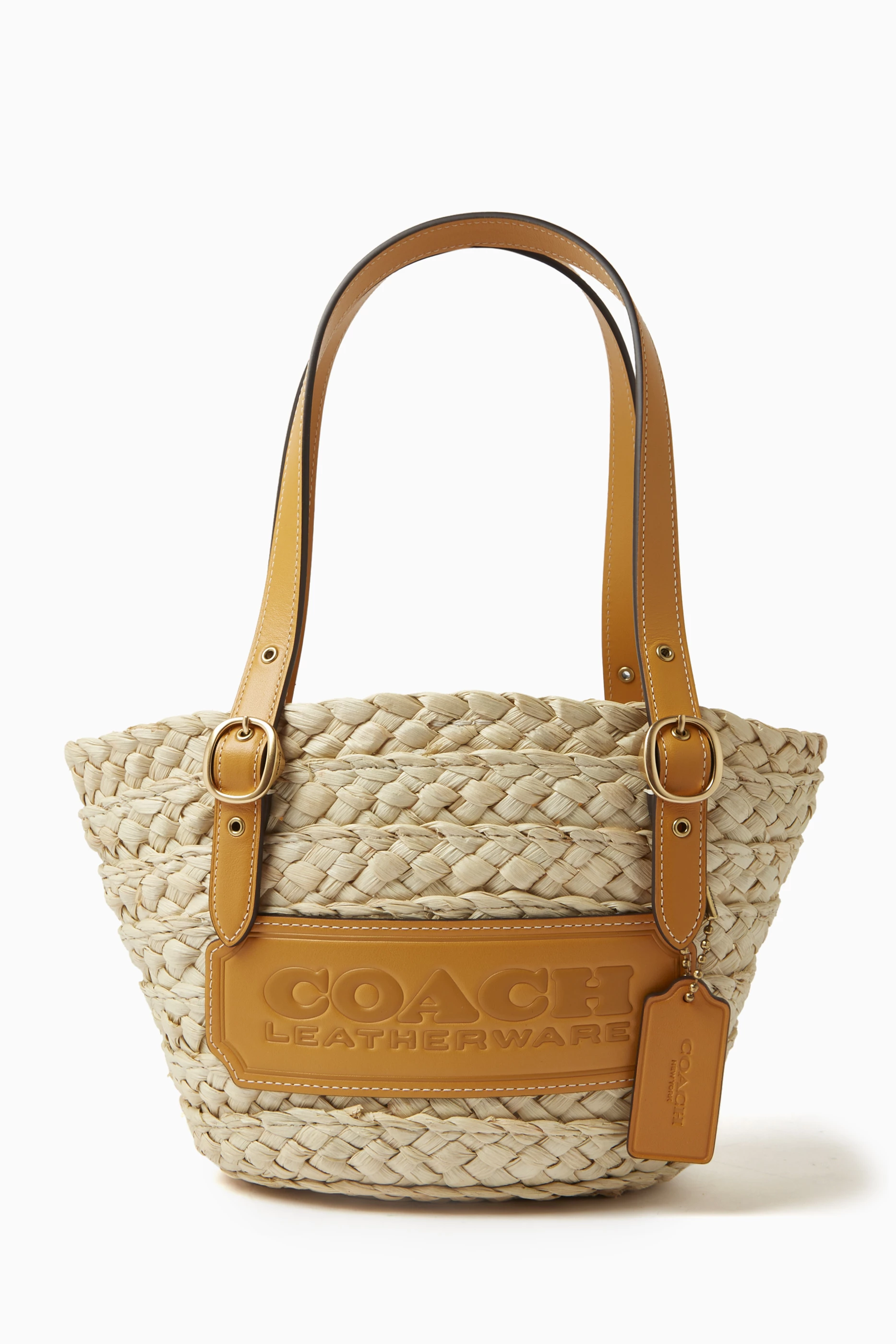 Coach straw bag with leather trim cheap