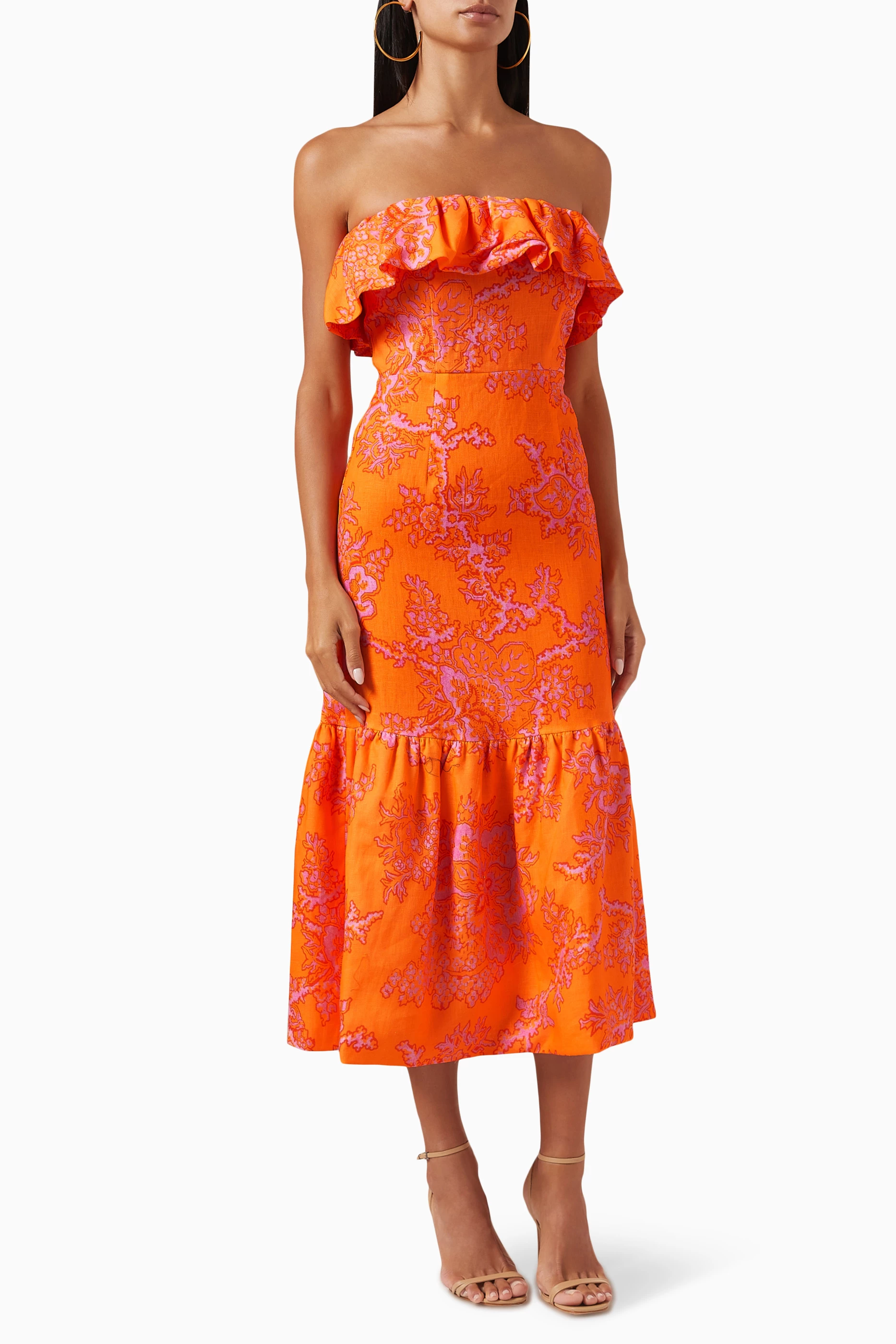 Buy RHODE Orange Thea Midi Dress in Linen for Women in UAE Ounass