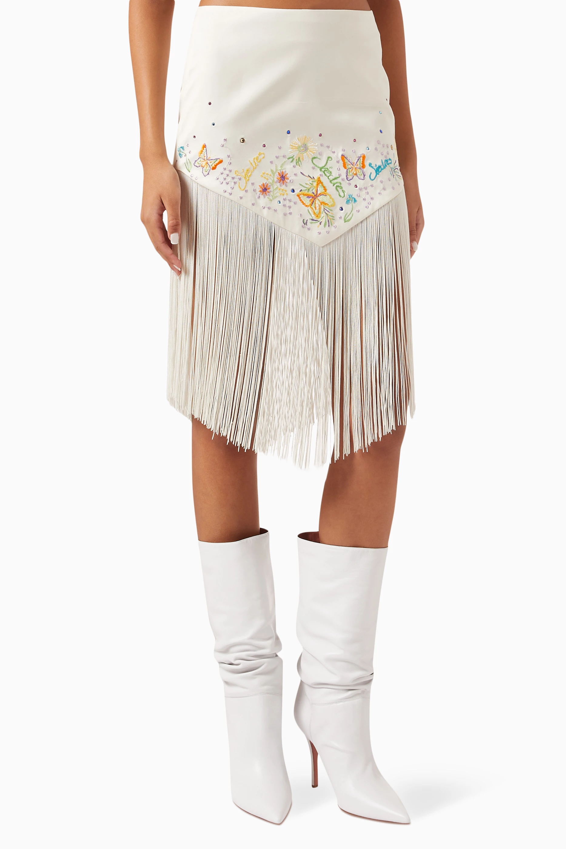 White leather discount fringe skirt