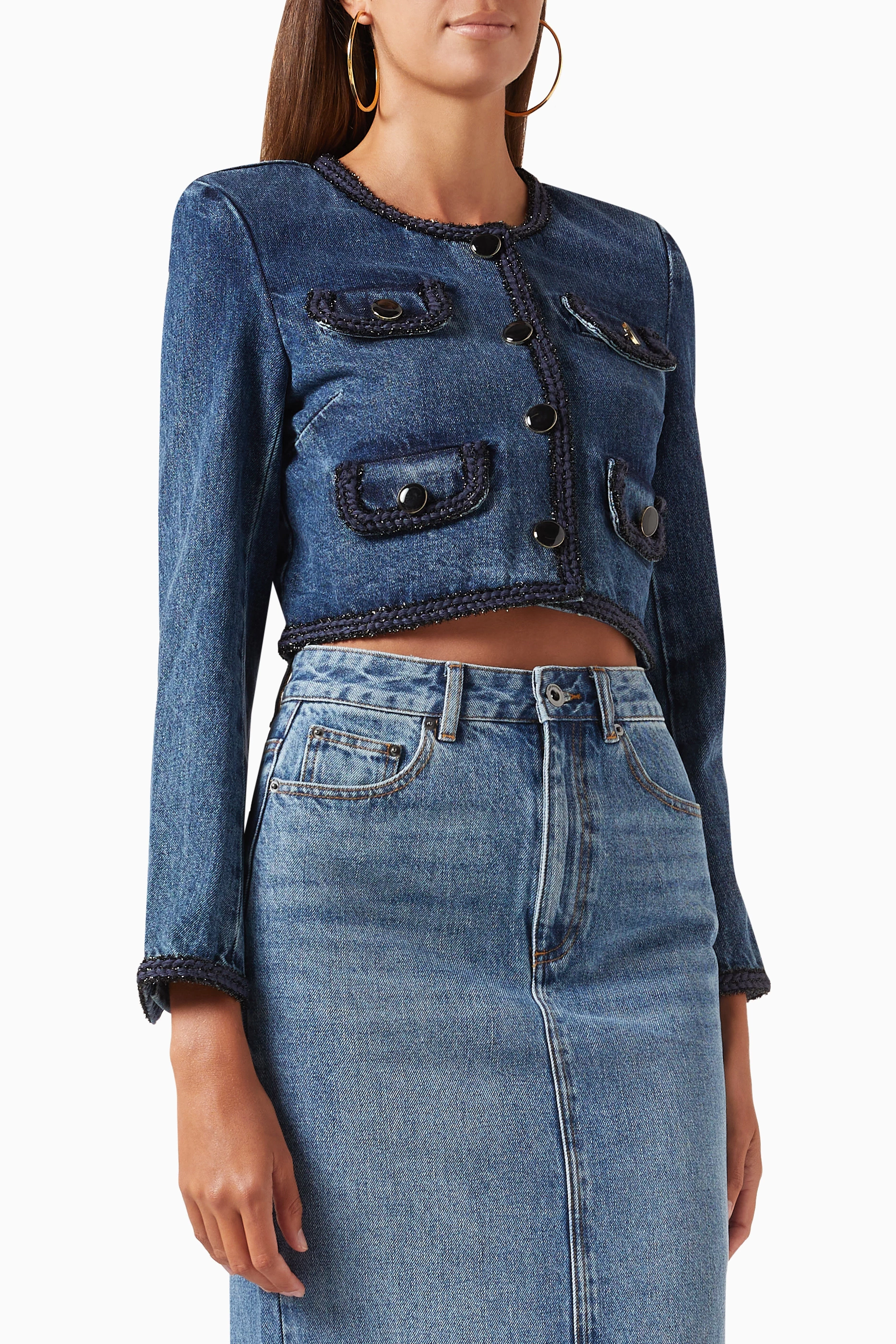 Dark blue hot sale cropped denim jacket