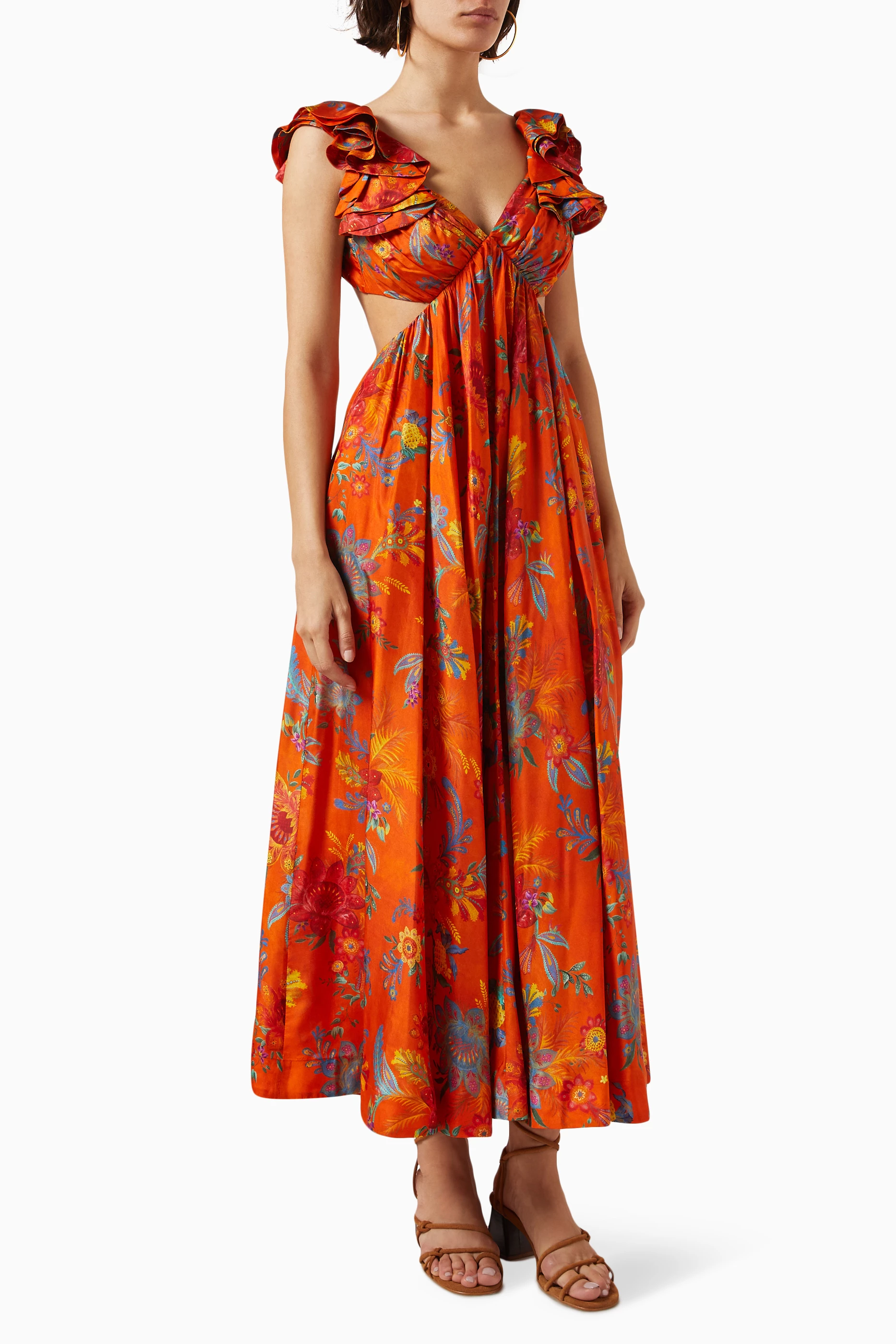Buy Zimmermann Orange Ginger Frill Midi Dress in Silk for Women in