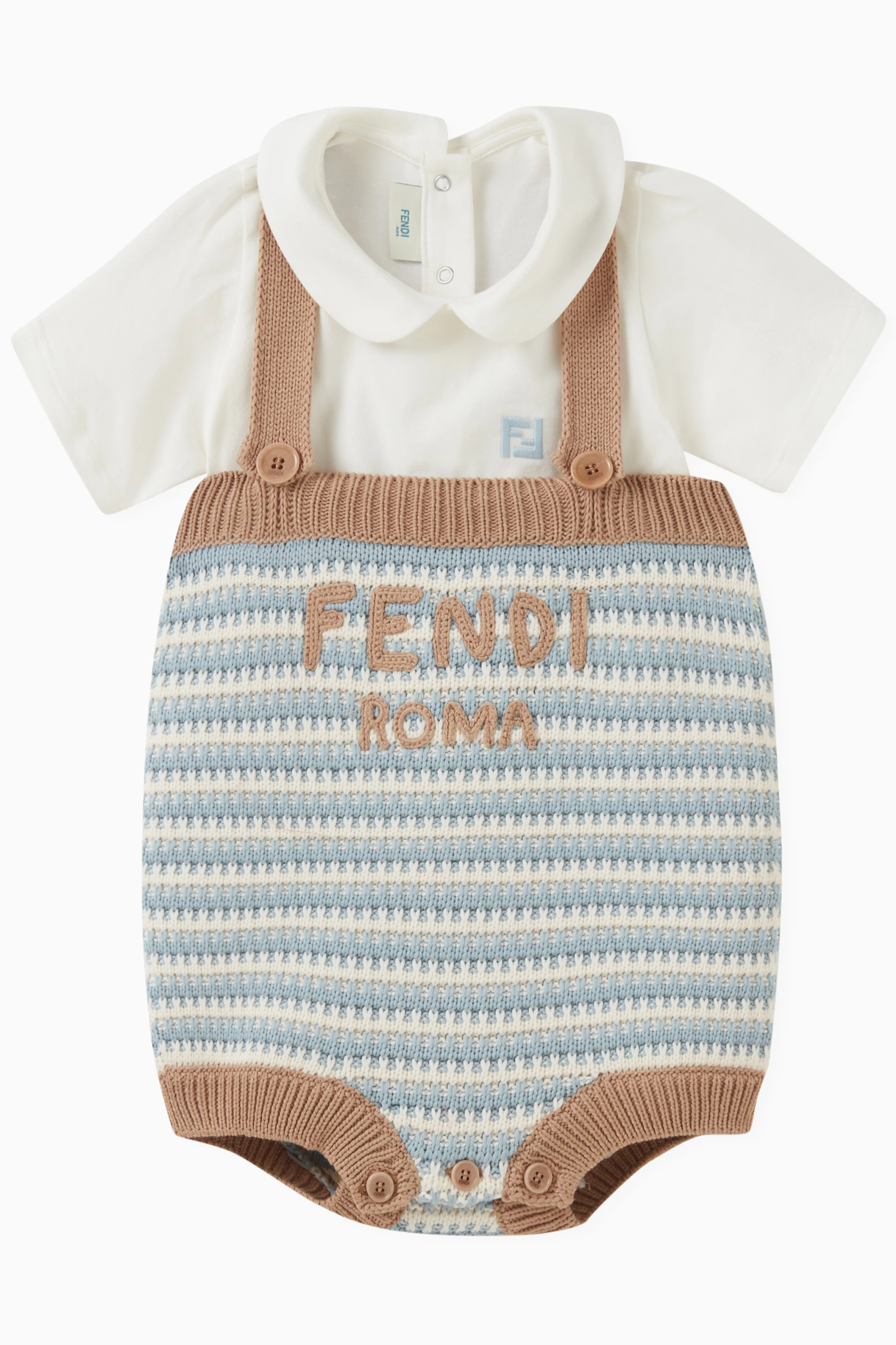Buy Fendi Blue Logo Striped Crochet Overall Set in Cotton for Baby