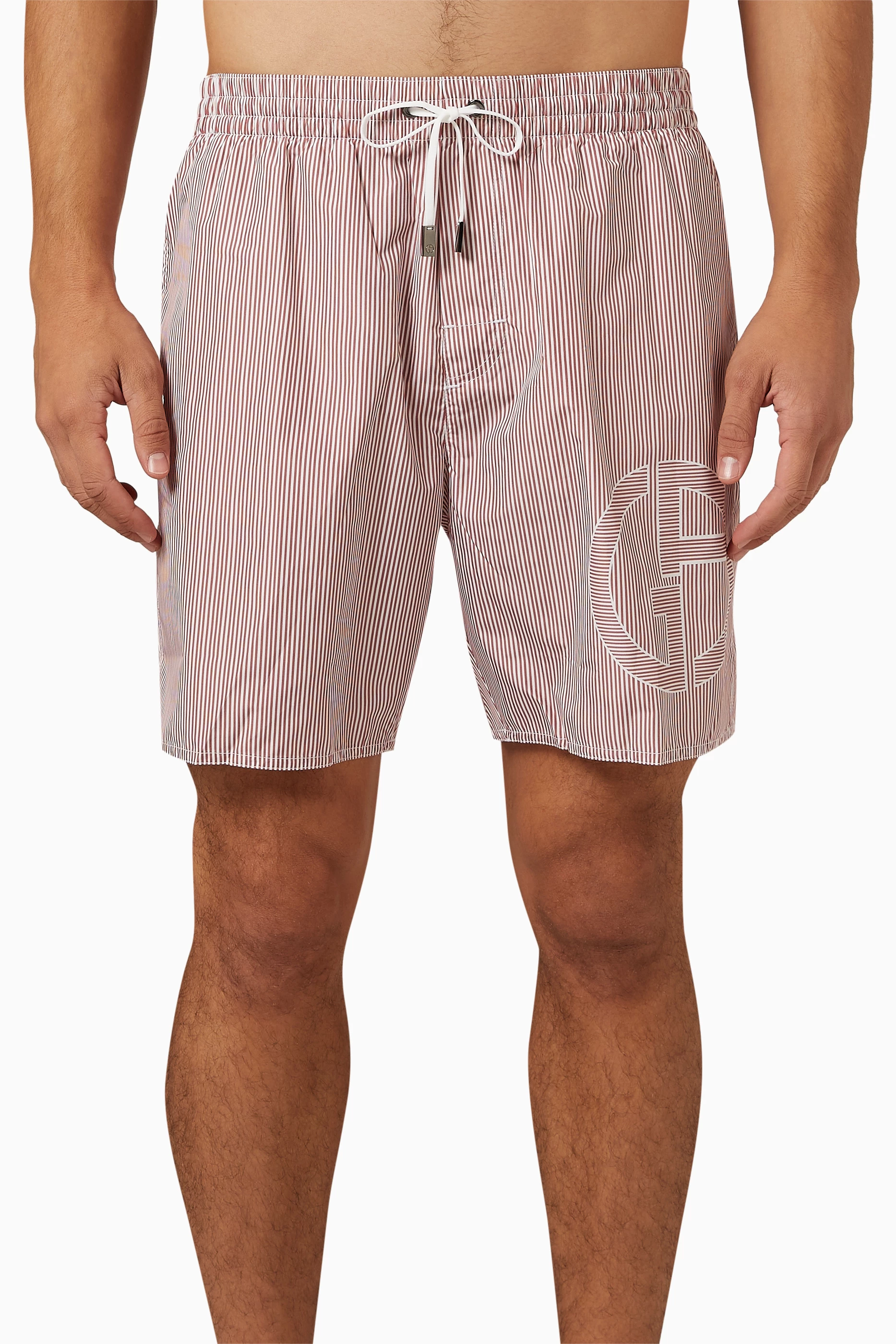 Buy Giorgio Armani Red Striped Logo Swim Shorts in Nylon for Men