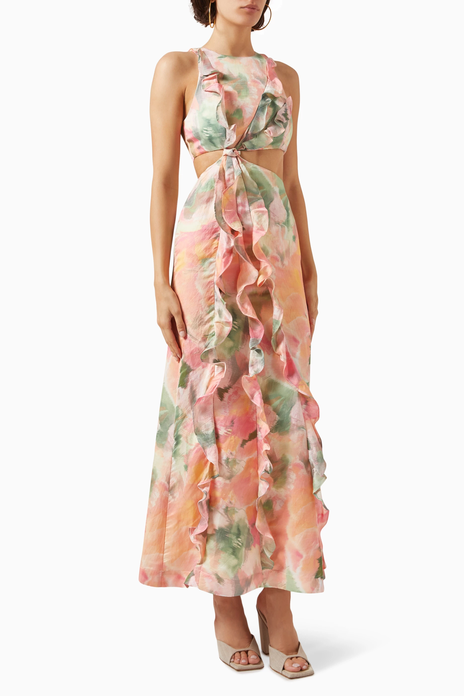 Calvin klein printed halter ruffle gown clearance