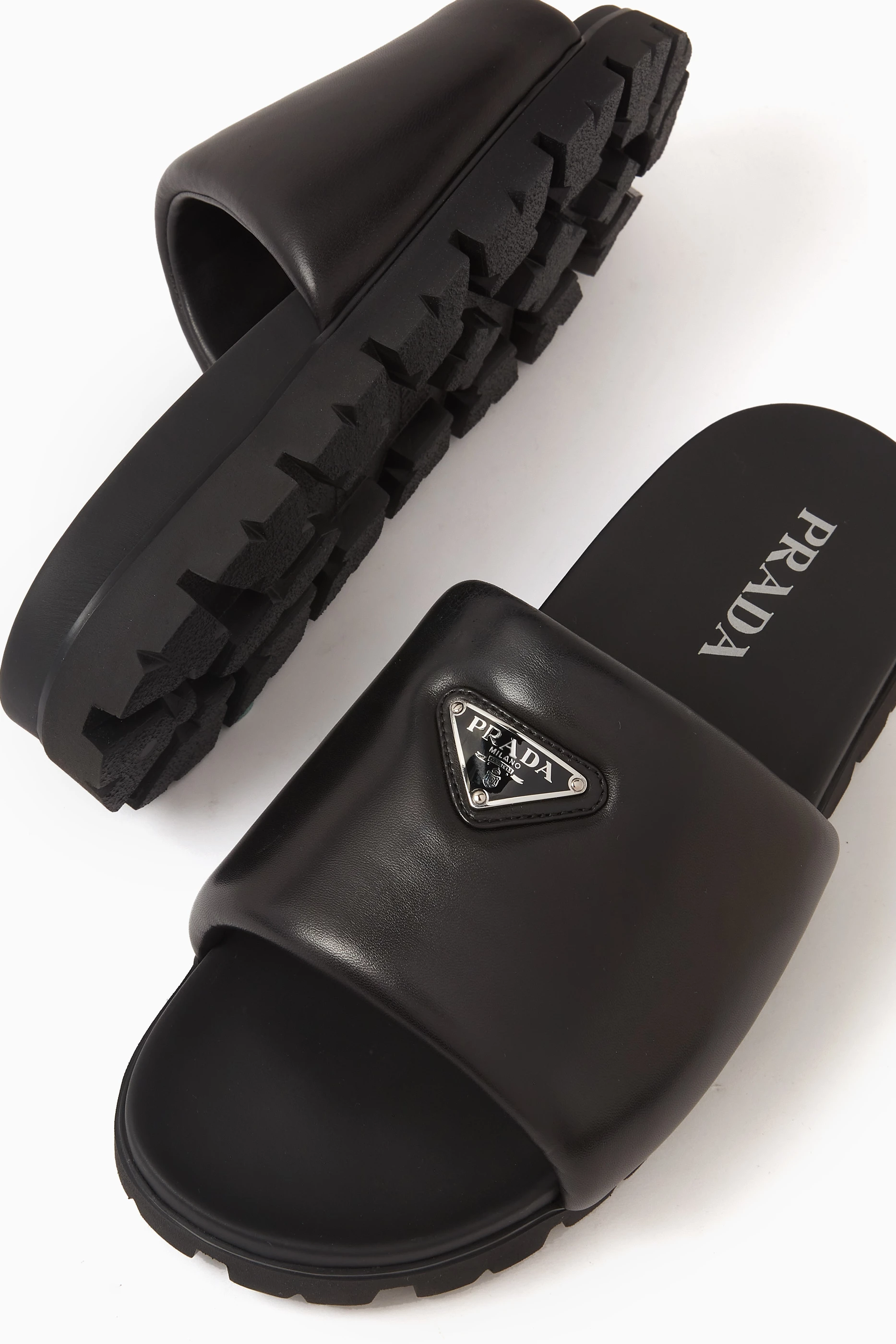 Buy Prada Black Logo Padded Slides in Nappa Leather for Men in UAE