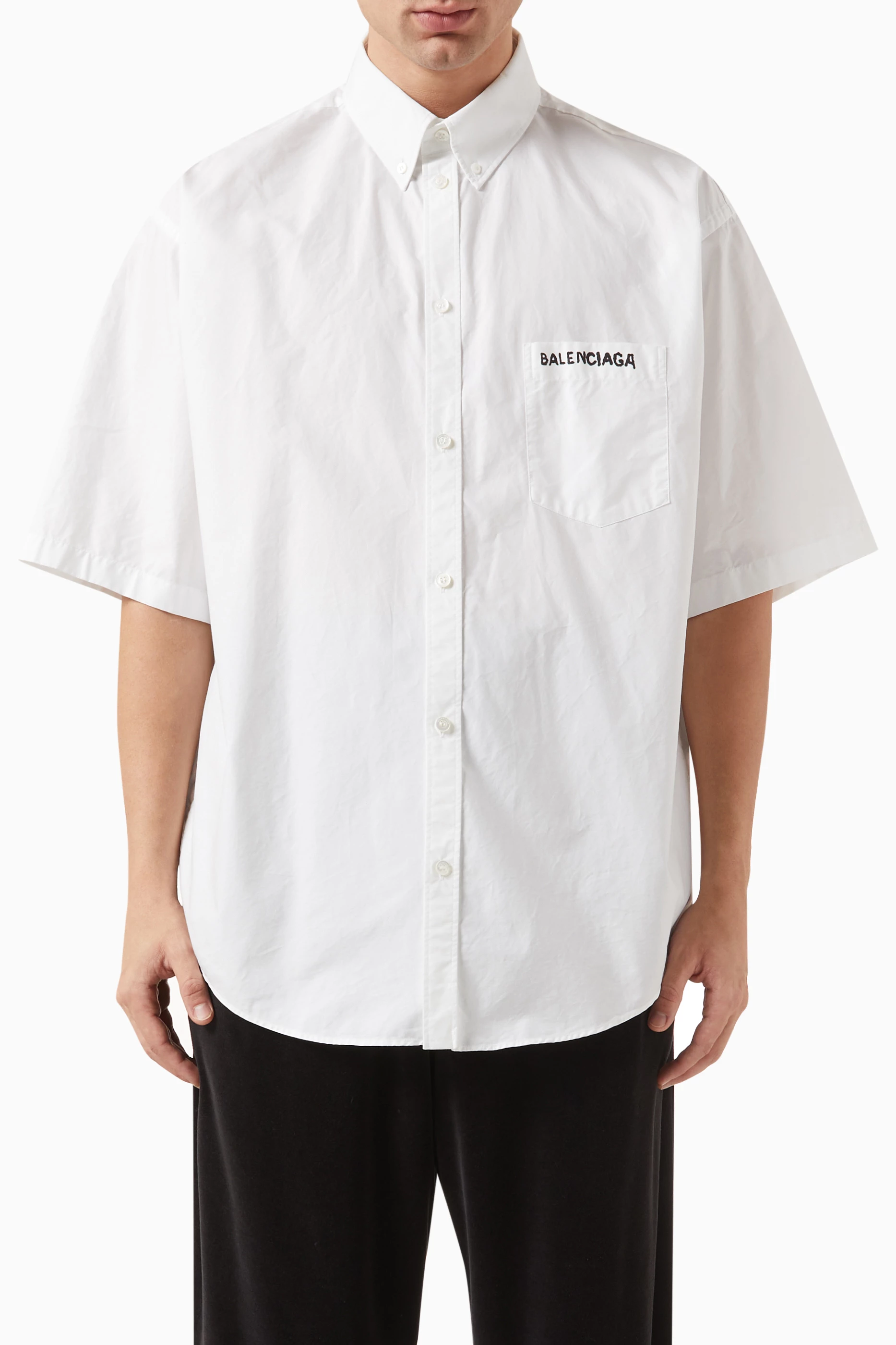 Buy Balenciaga White Hand Drawn Logo Print Shirt in Cotton Poplin for Men in UAE Ounass