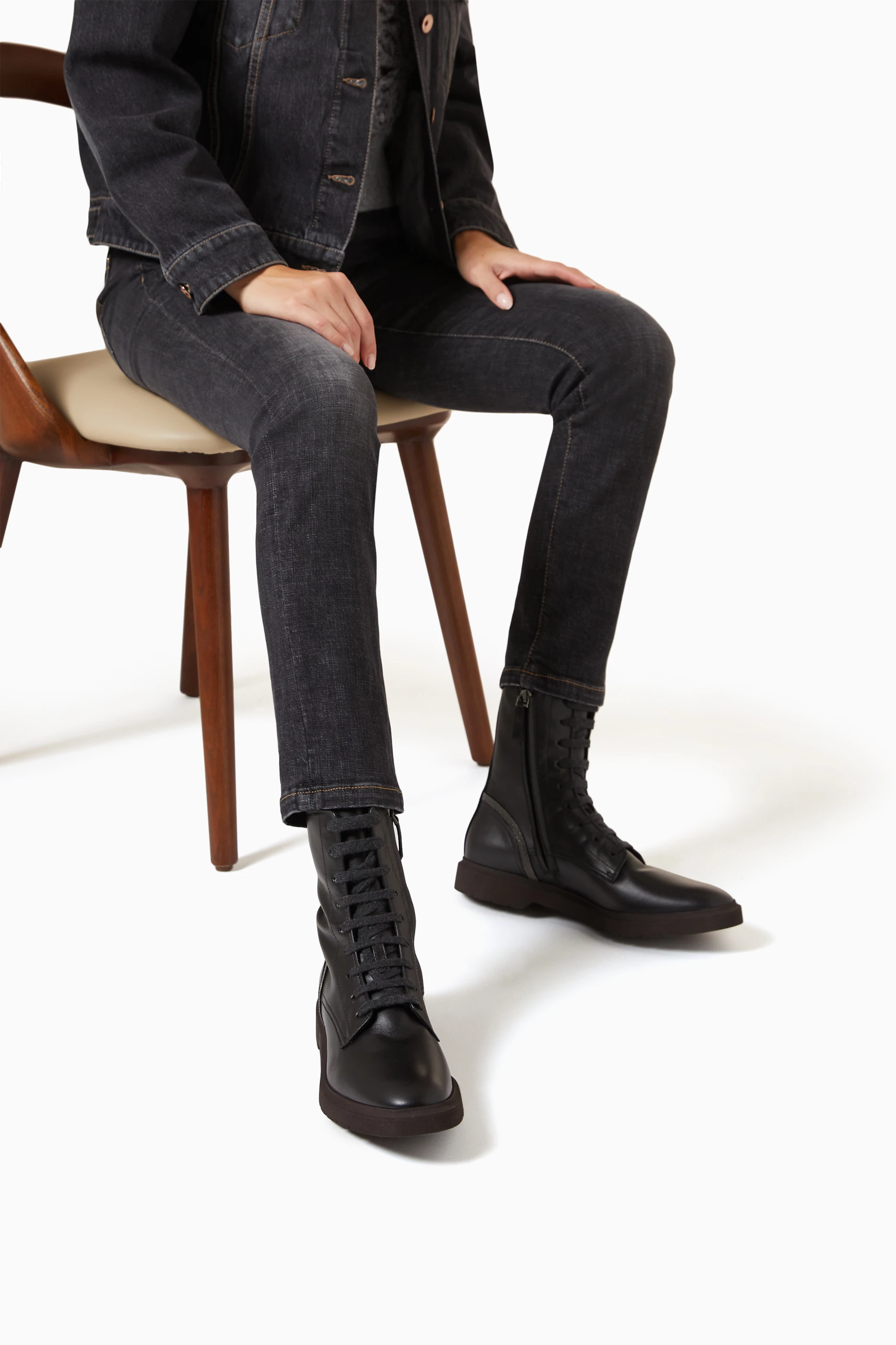 Buy Brunello Cucinelli Black Lace up Ankle Boots in Leather for
