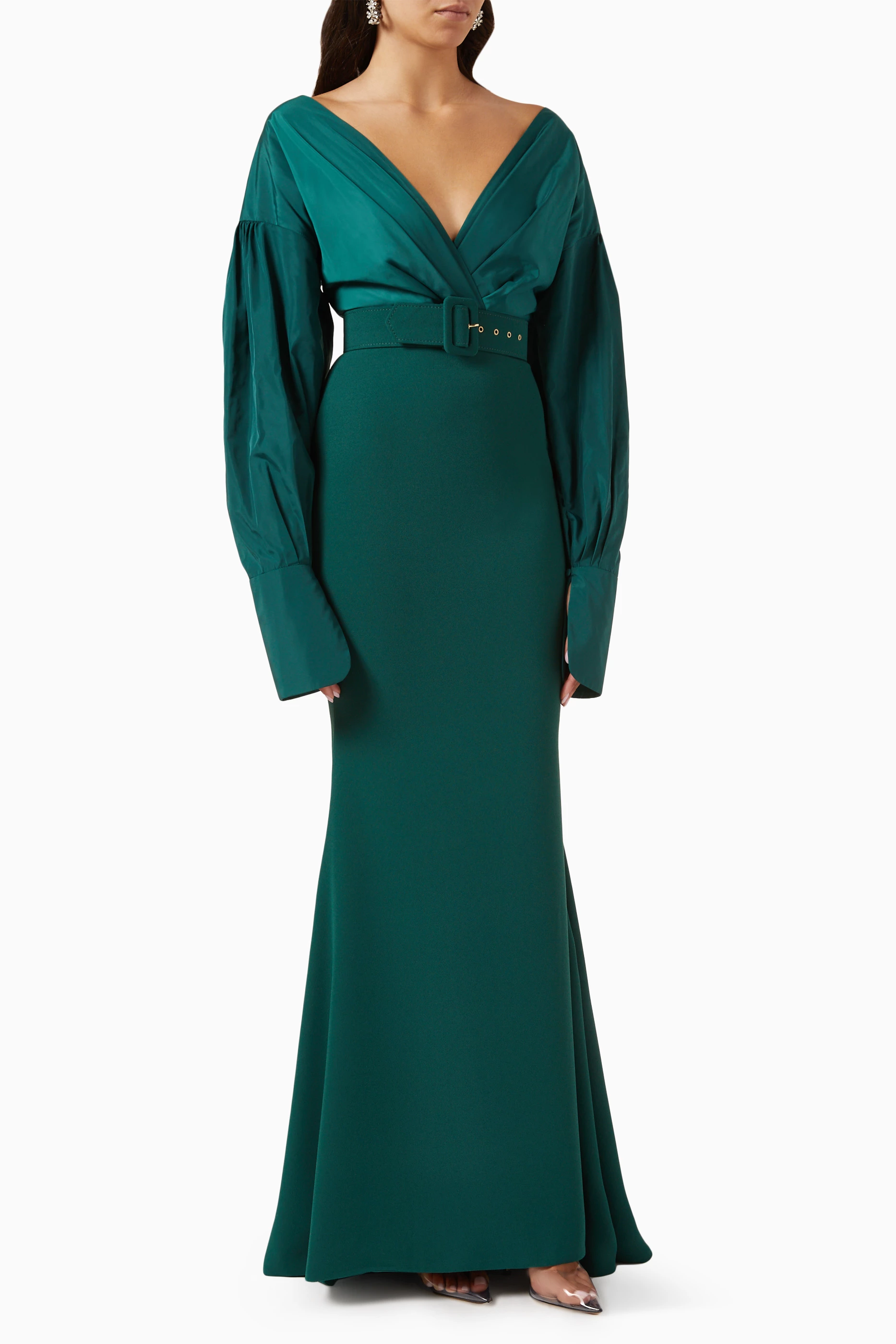 Buy Rhea Costa Green V neck Maxi Dress in Taffeta Crepe for