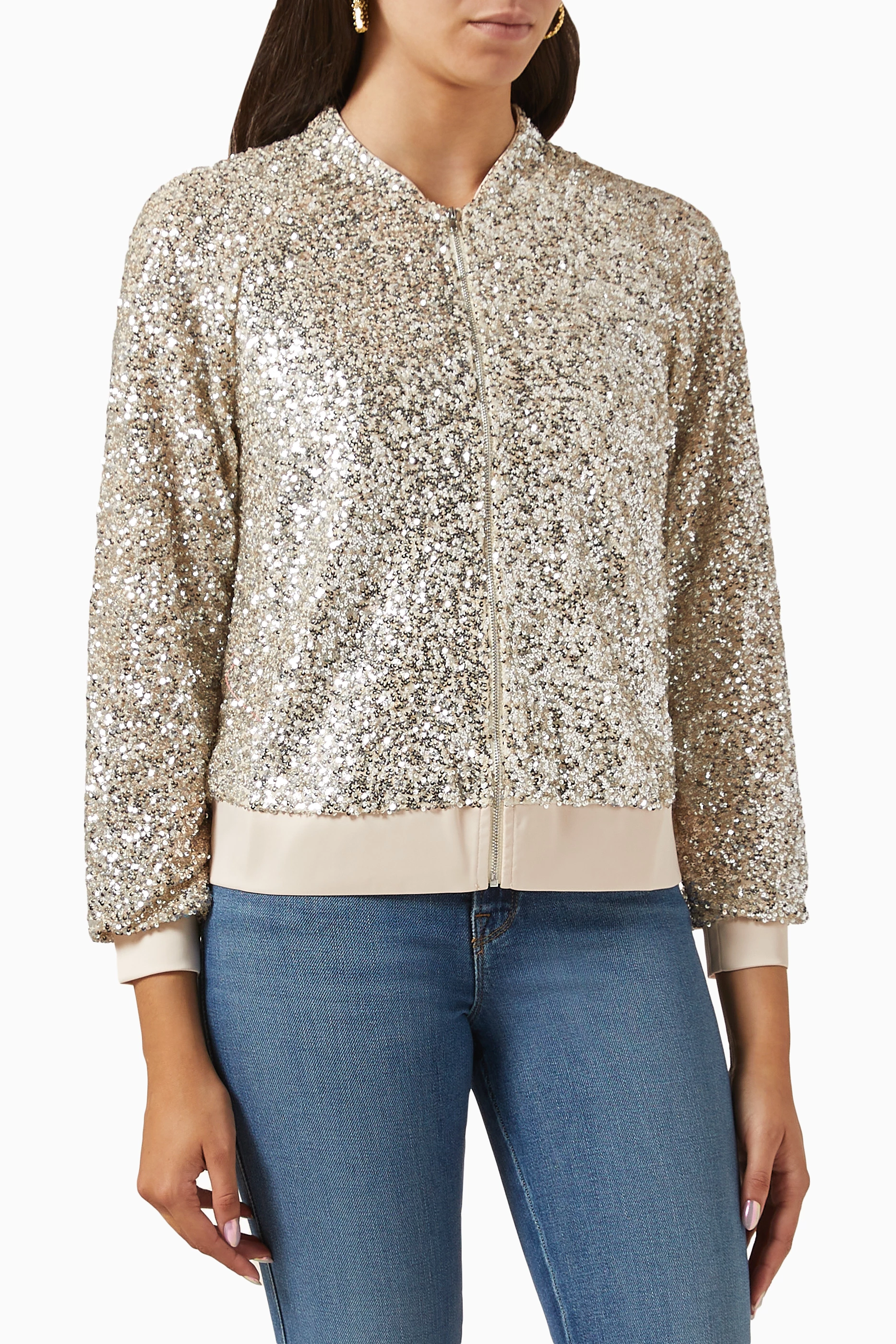 Buy Never Fully Dressed Silver Sequin Bomber Jacket for Women in