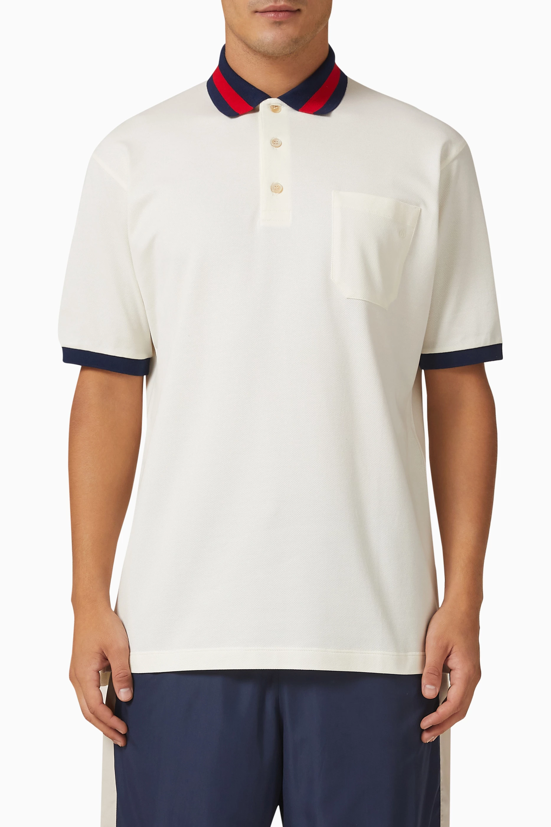 Buy Gucci Neutral Web Collar Polo Shirt in Stretch Cotton Piquet for