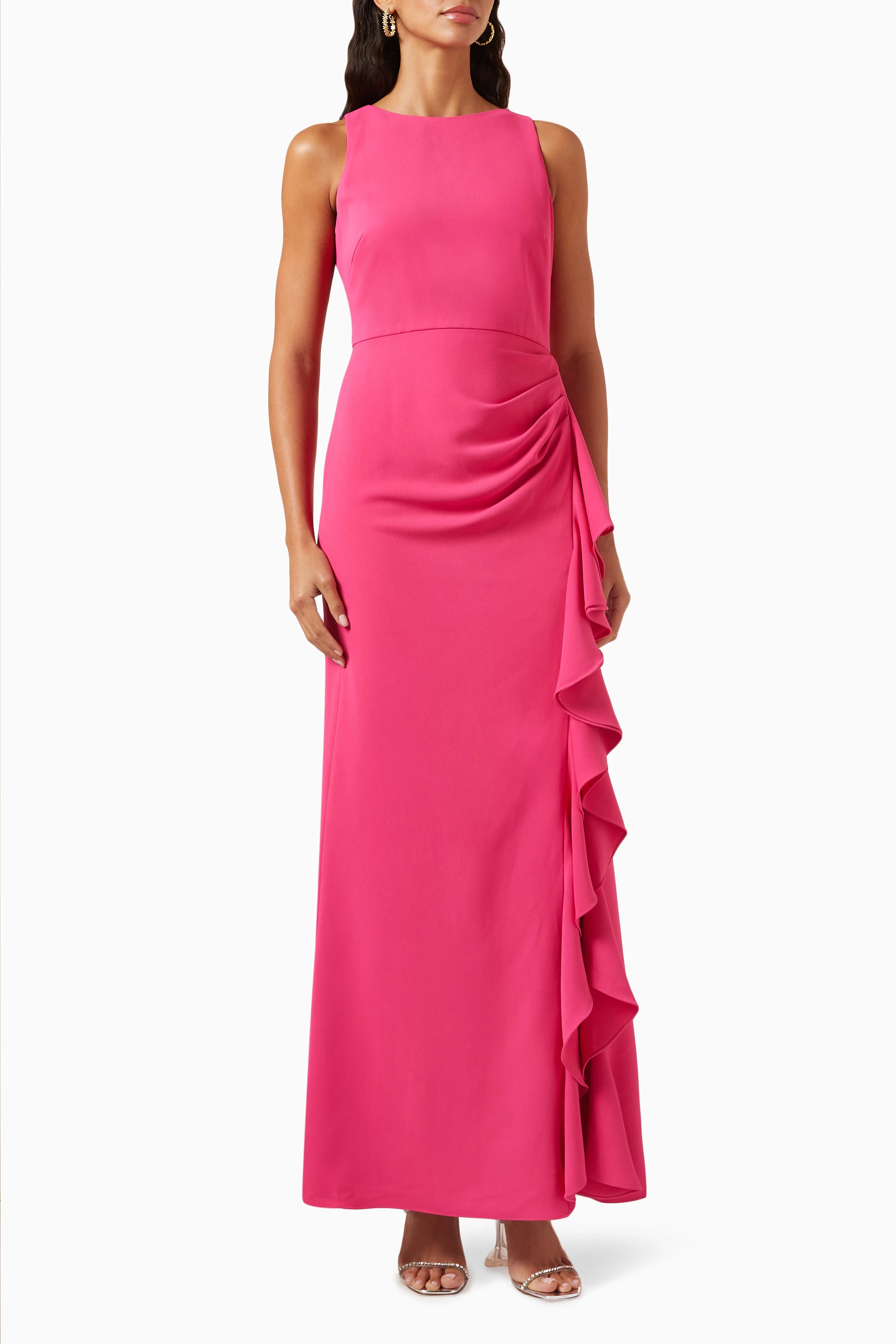 Buy Badgley Mischka Pink Ruffled Column Gown in Stretch crepe