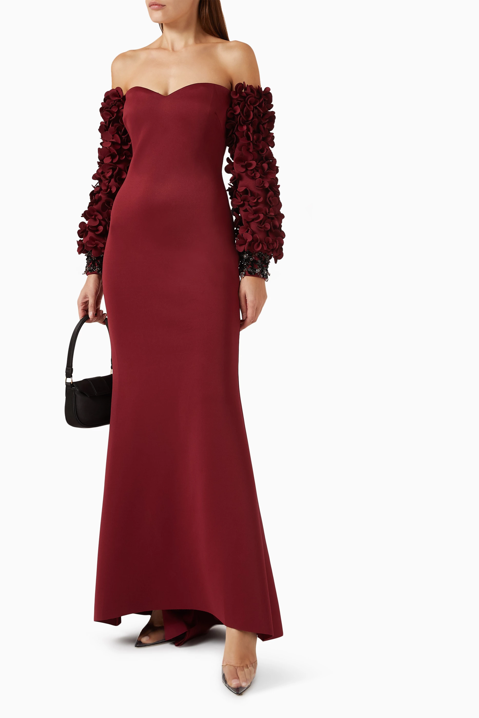 Buy Badgley Mischka Red Petal sleeve Off shoulder Gown in Scuba