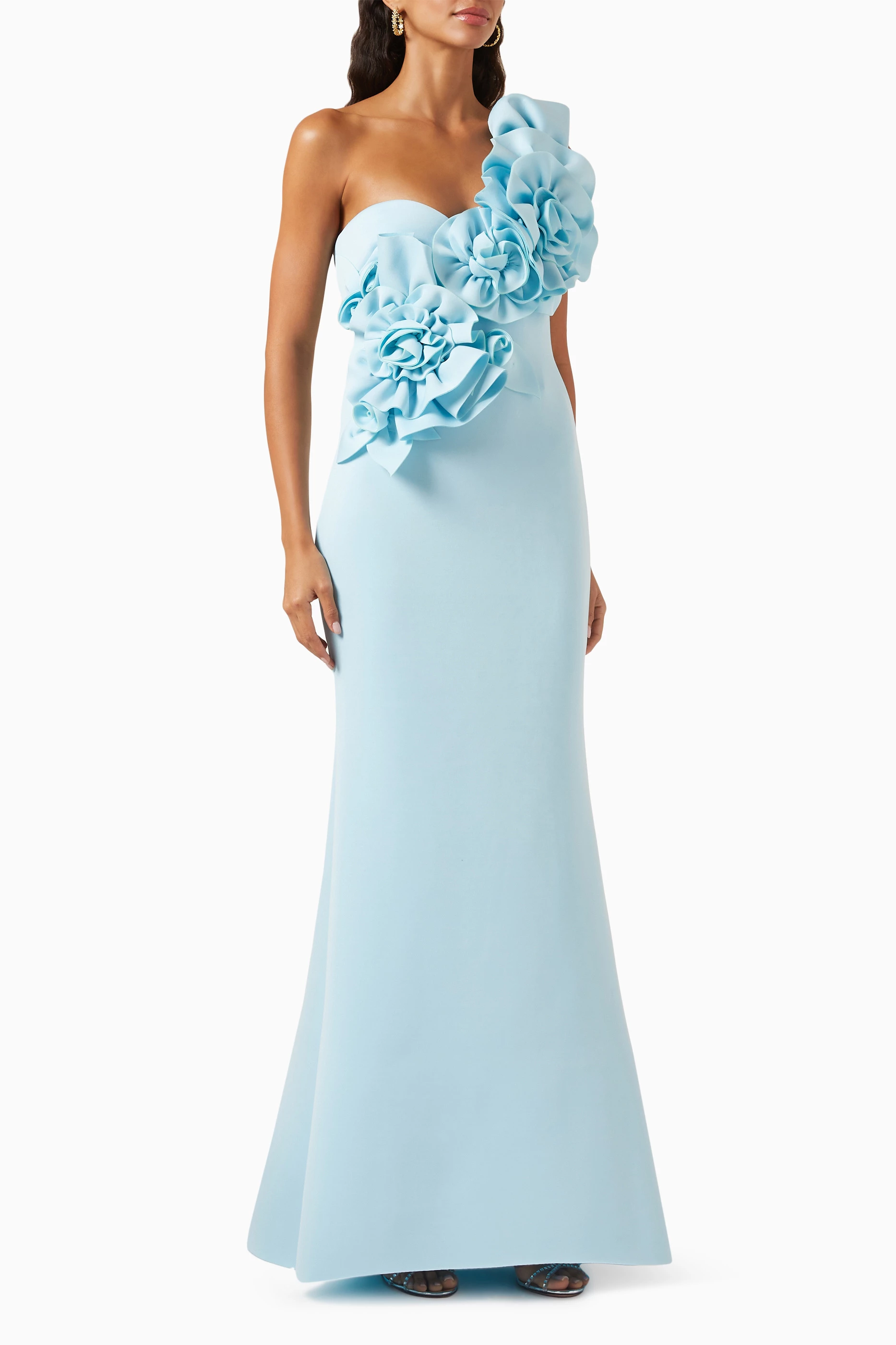 Buy Badgley Mischka Blue 3D Flower One shoulder Mermaid Gown in Stretch scuba for Women in UAE Ounass