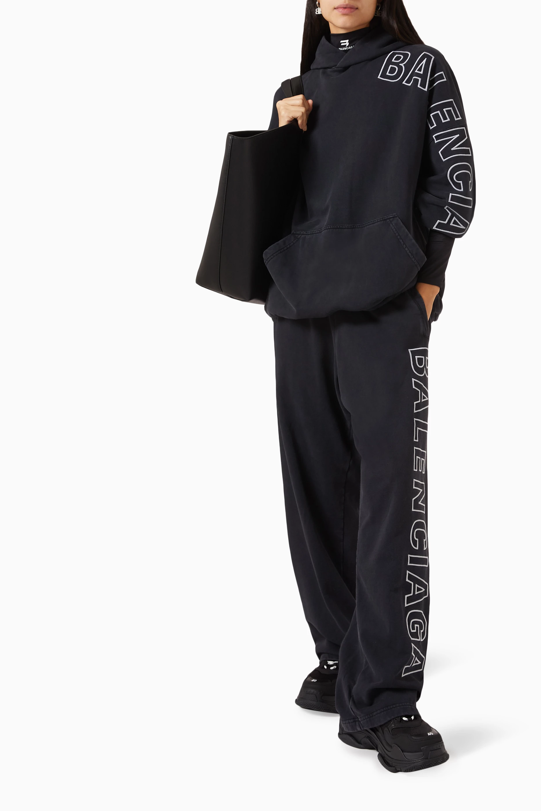 Buy Balenciaga Black Outline Oversized Hoodie in Curly Fleece for