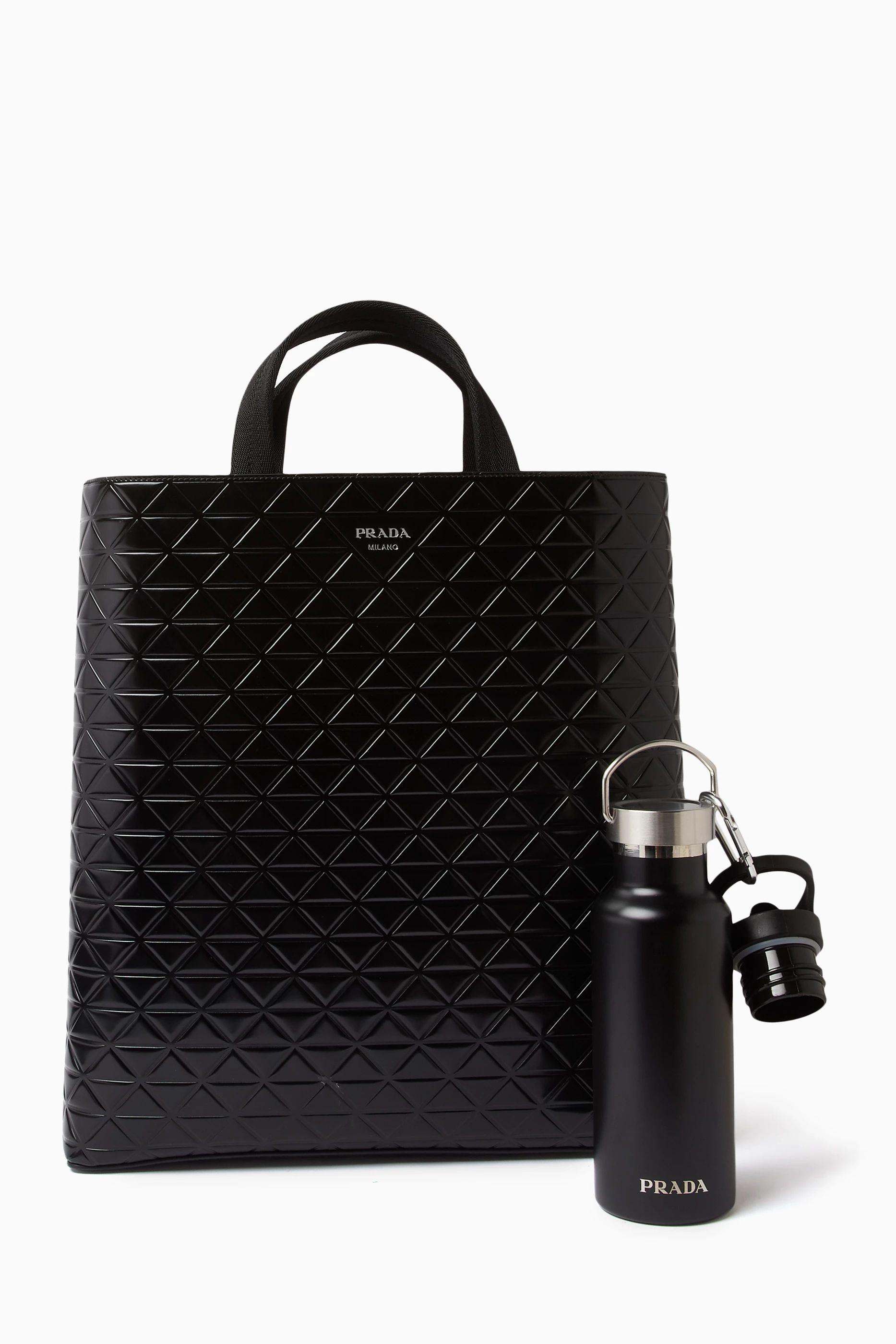 Prada Leather Tote Bag And Water Bottle Set in Black for Men