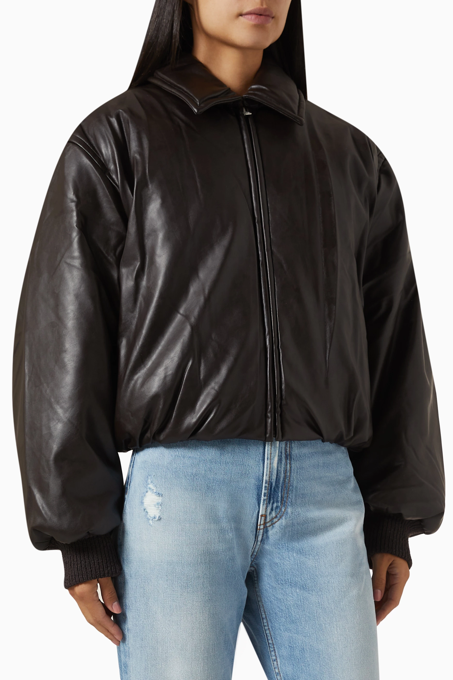 Buy Acne Studios Brown Coated Bomber Jacket in Faux Leather for