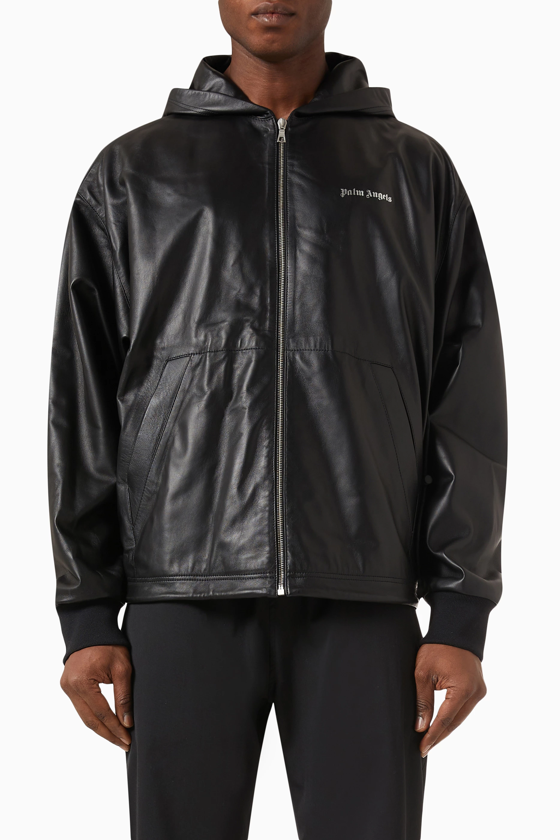 Buy Palm Angels Black Logo Print Hooded Jacket in Leather for Men