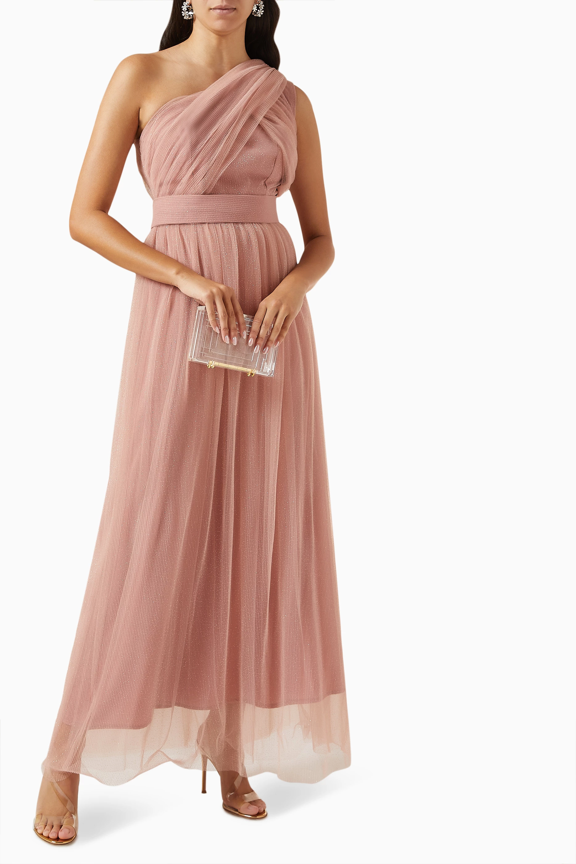 Buy NASS Pink One shoulder Maxi Dress in Glittered tulle for Women