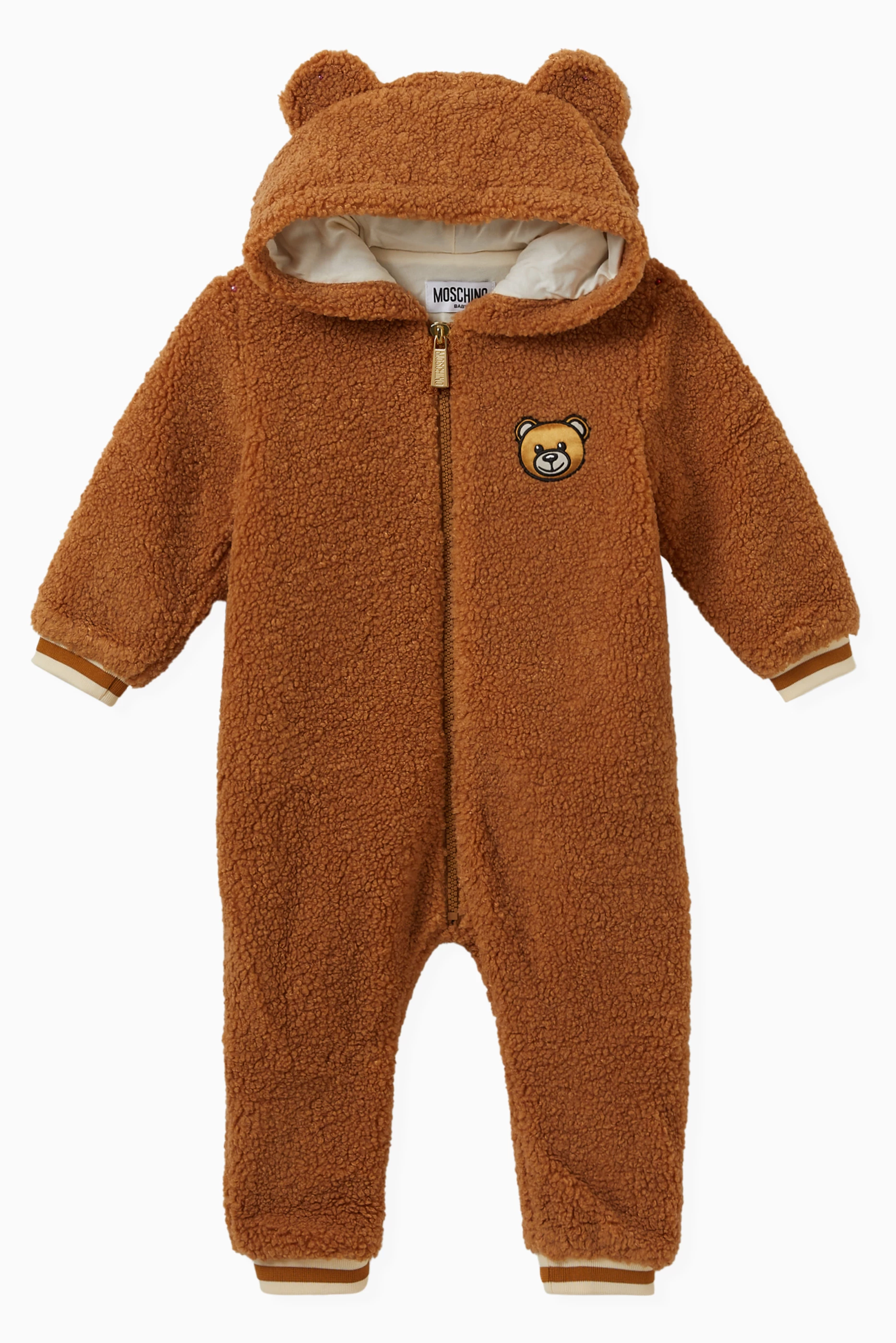 Buy Moschino Neutral Embroidered Teddy Bear Sleepsuit in Polyester