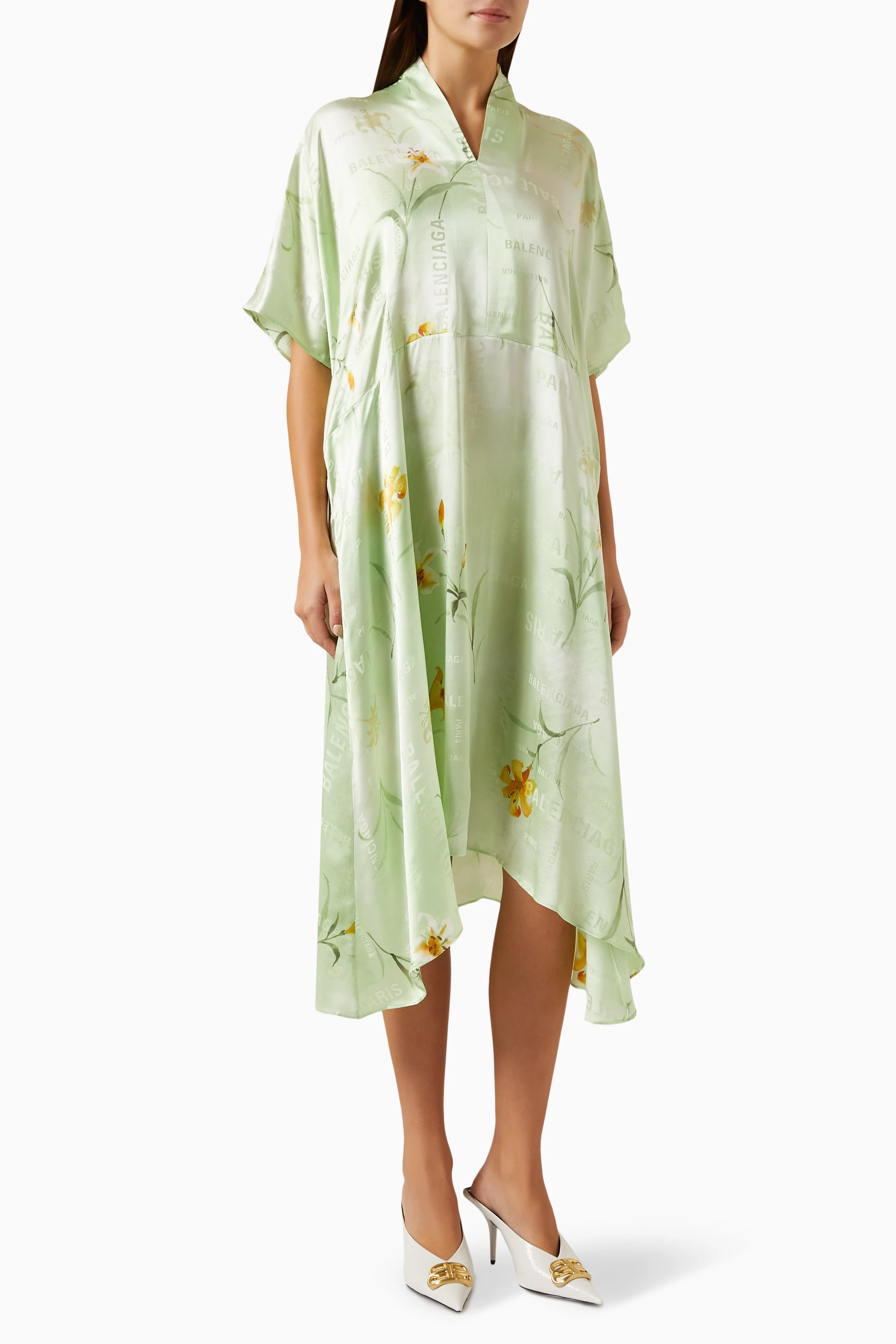 Buy Balenciaga Green Oversized Printed Midi Dress in Satin for