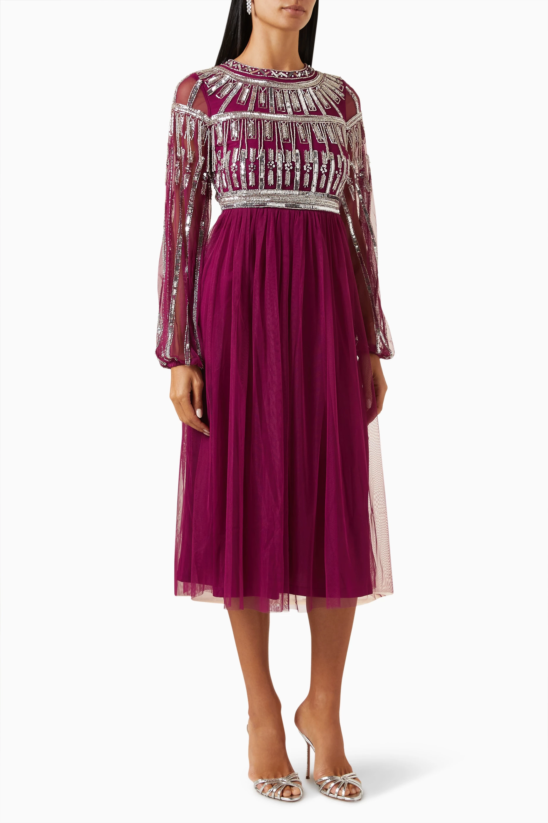 Buy Amelia Rose Purple Embellished Midi Dress in Tulle for Women