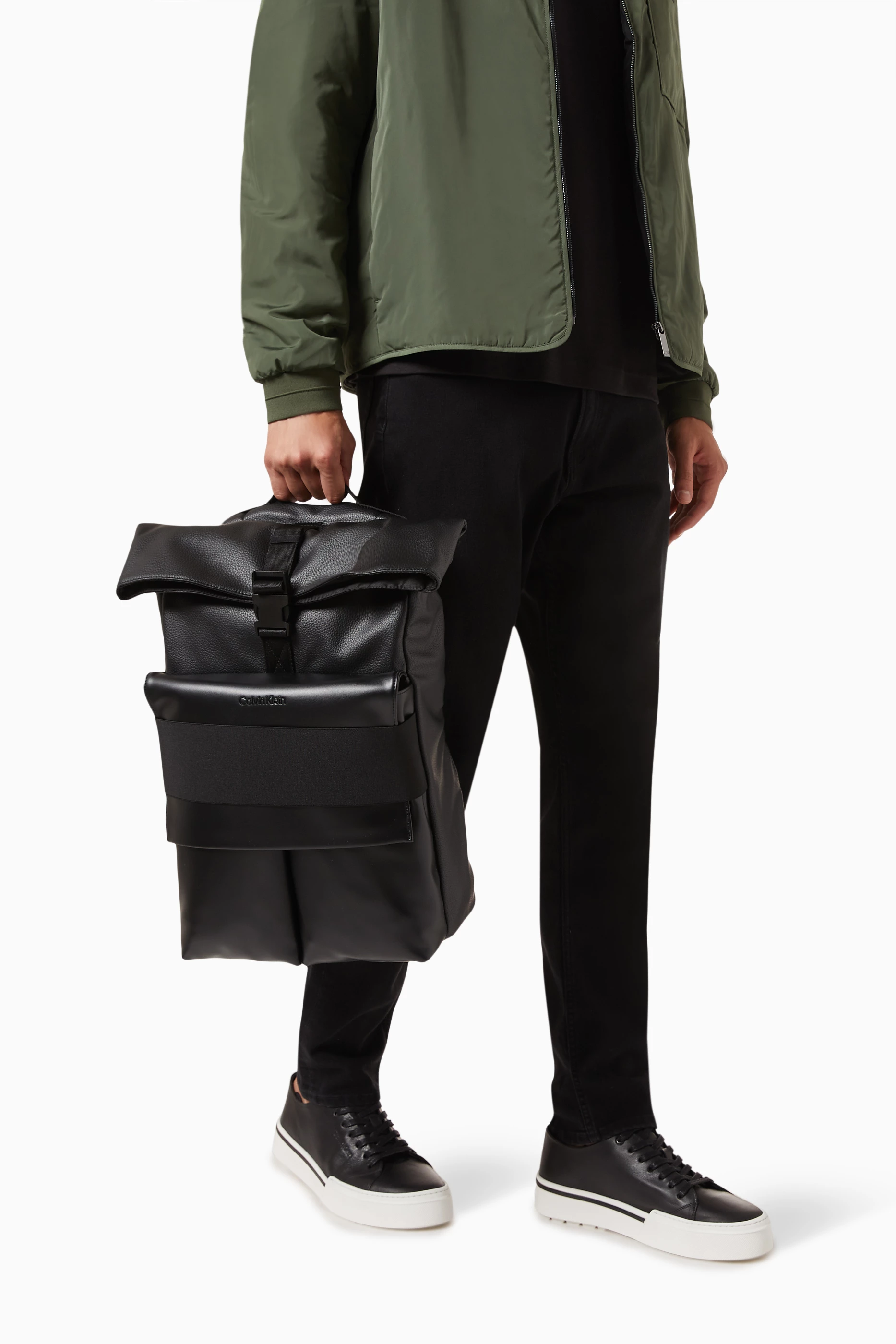 Buy Calvin Klein Black Roll Top Backpack in Textured Faux Leather