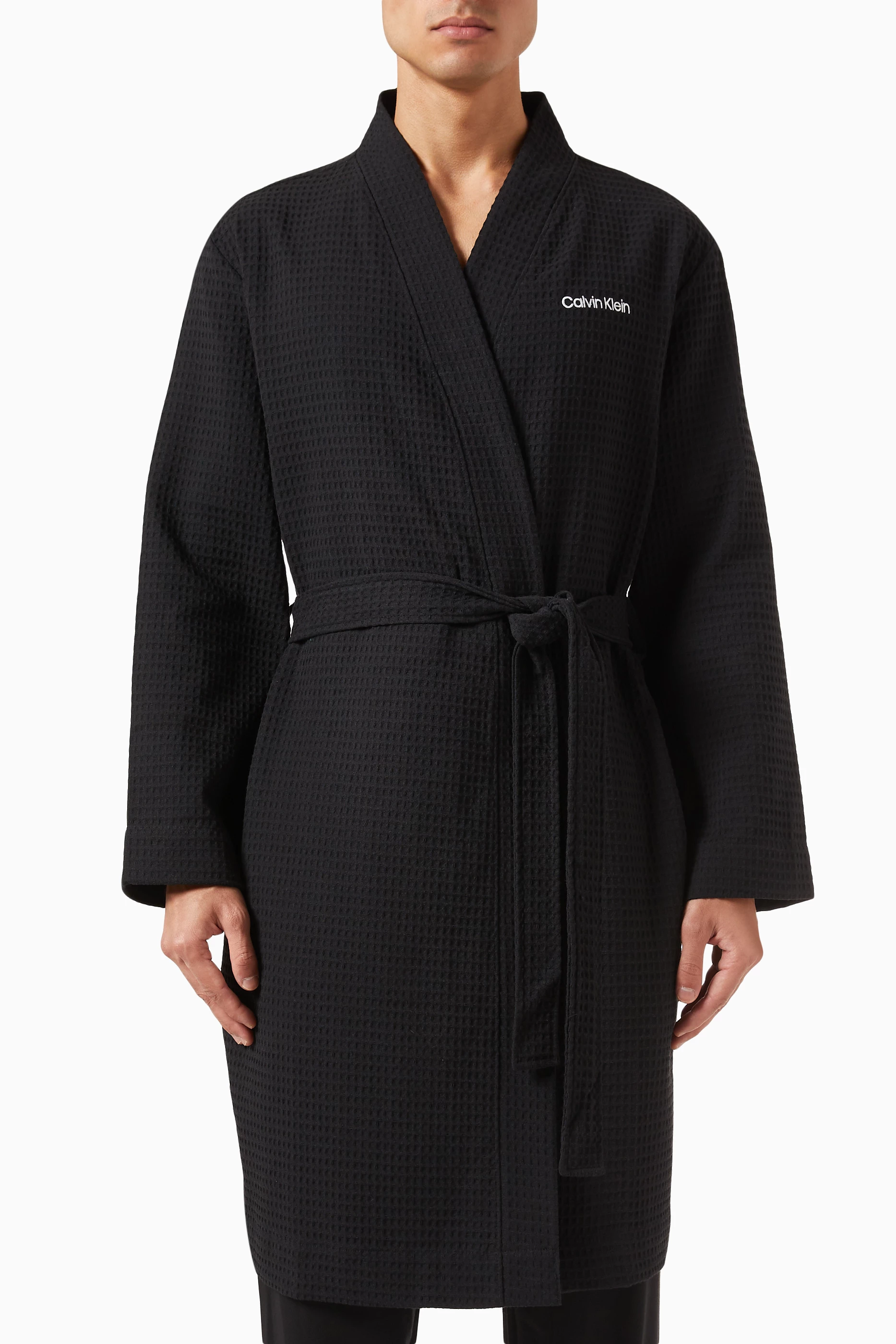 Buy Calvin Klein Black Logo Bathrobe in Cotton Blend Waffle for Men in UAE Ounass