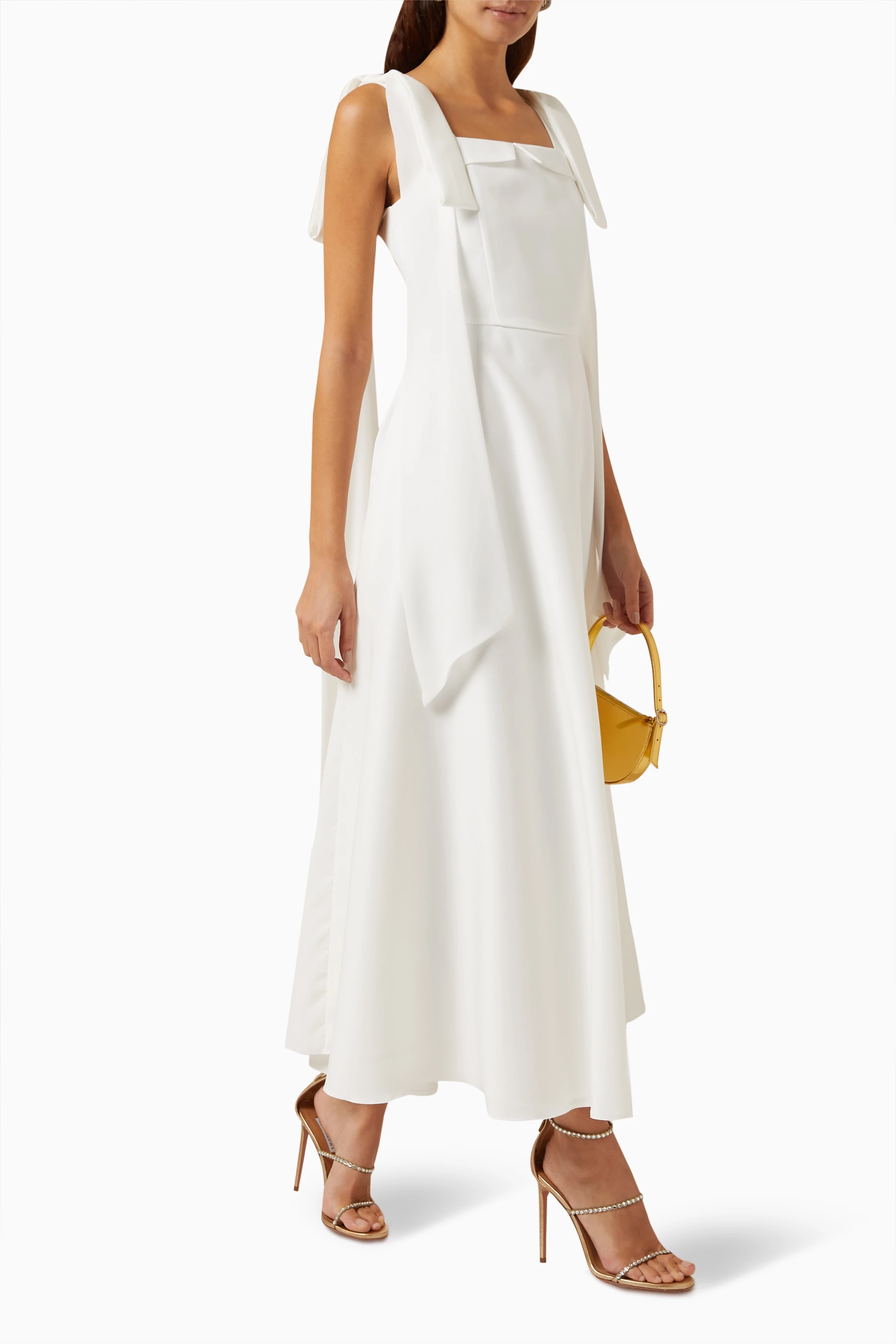 Buy Serrb White A line Bow detail Maxi Dress in Bridal Satin for