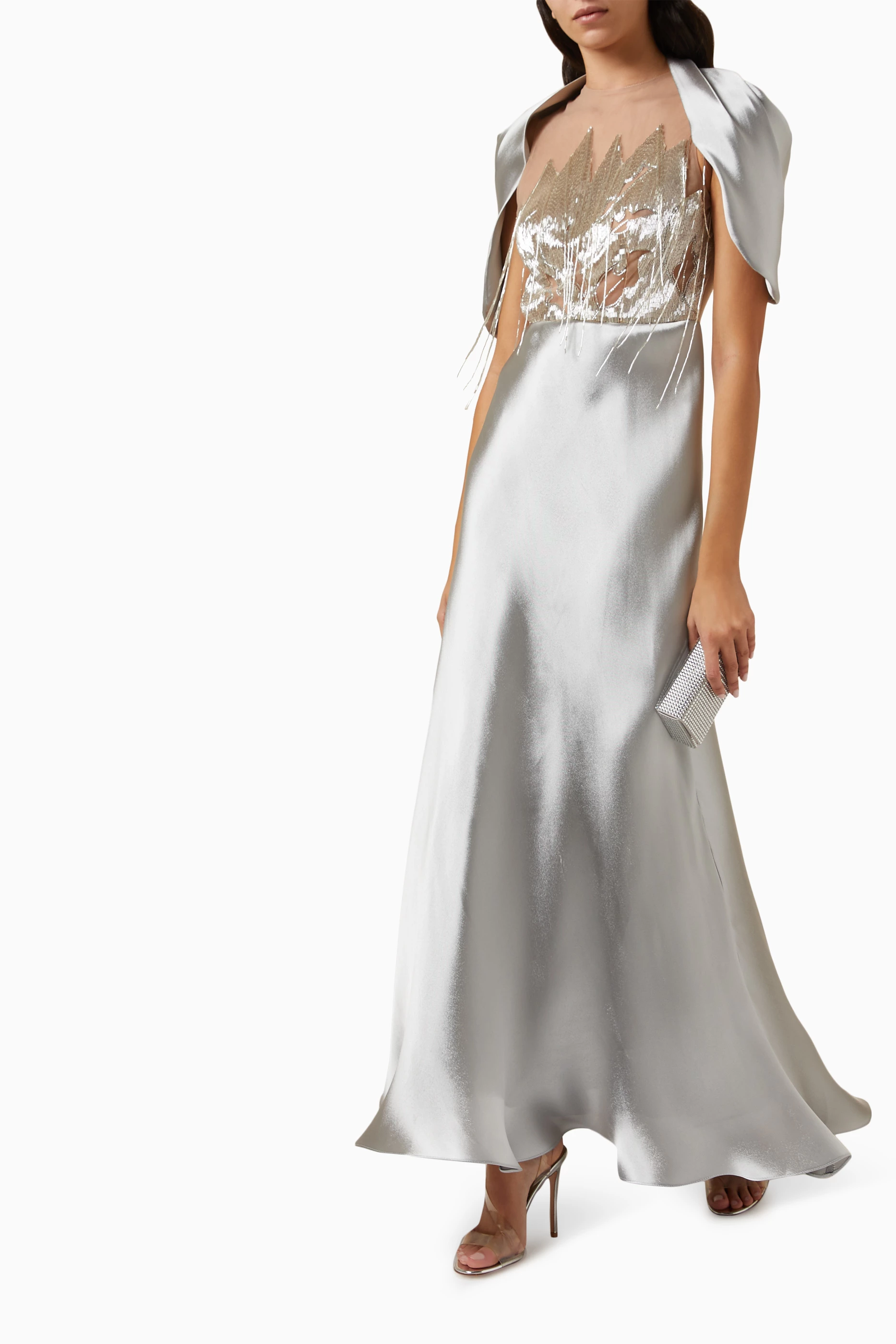 Buy Anaya Collection Silver Sculptural Fringe Dress in Satin Crepe