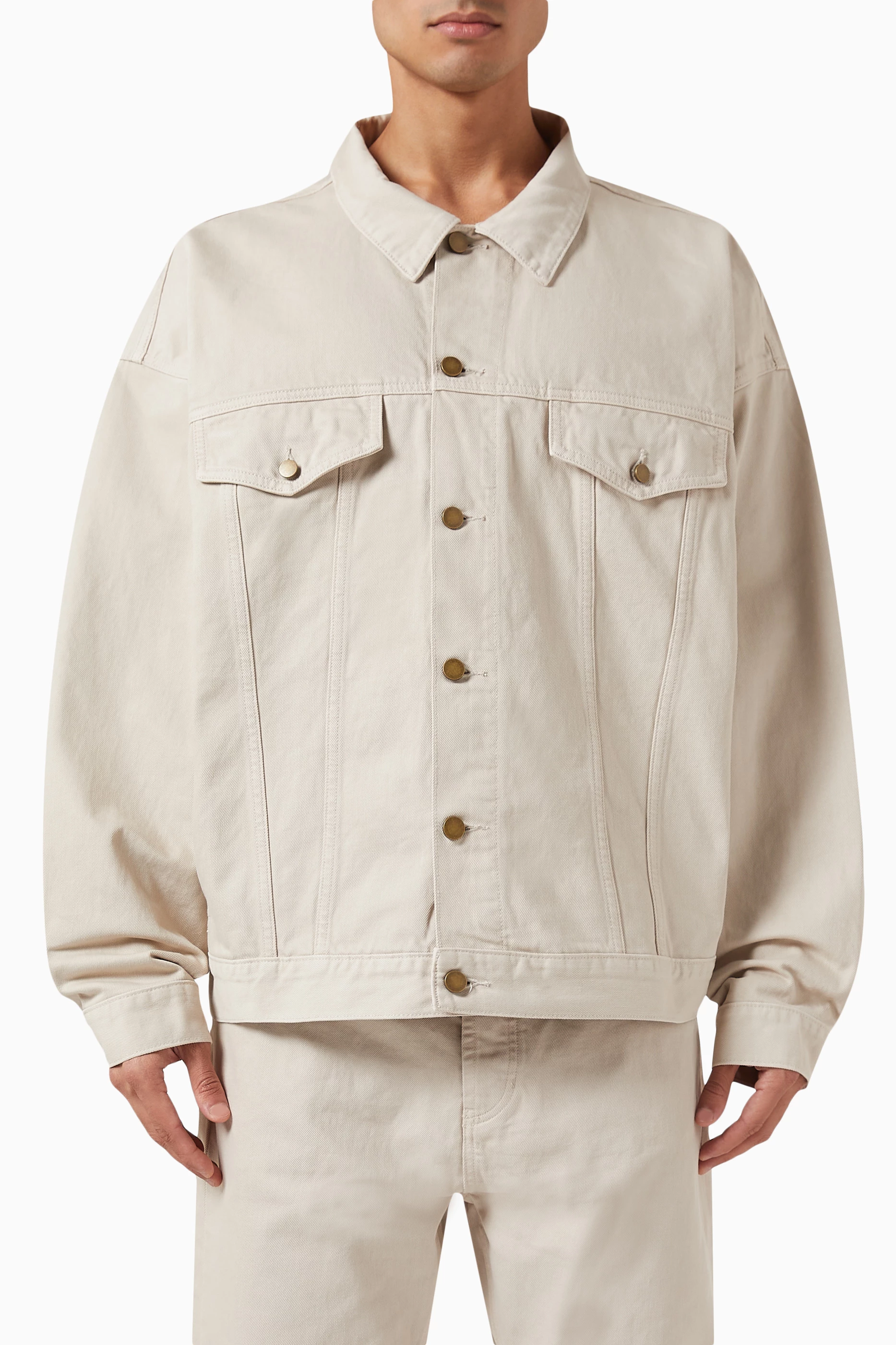 Buy Fear of God Essentials Grey Trucker Jacket in Denim for Men in