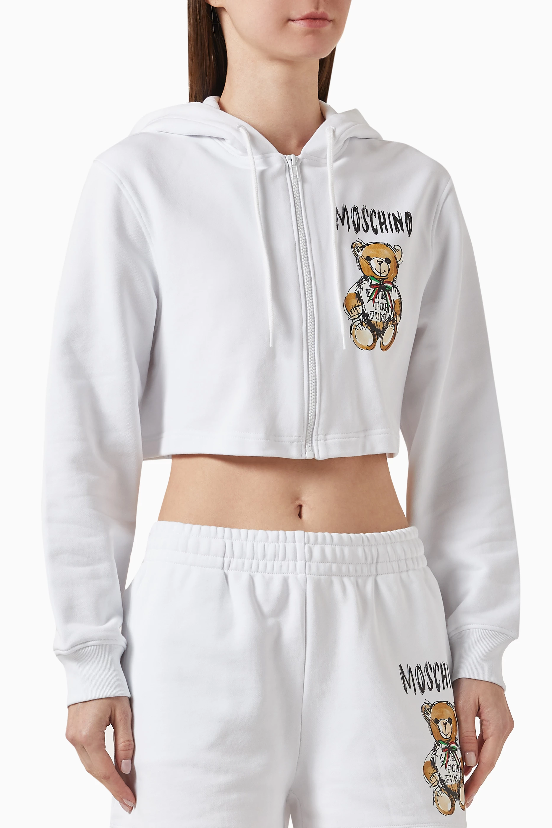 Buy Moschino White Drawn Teddy Bear Cropped Hoodie in Cotton for