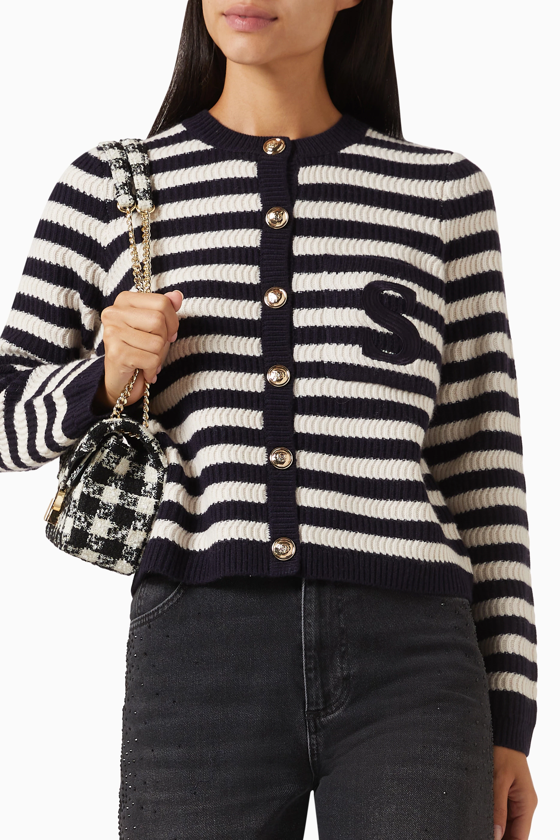 Buy SANDRO Neutral Long Sailor Striped Cardigan in Wool Blend for