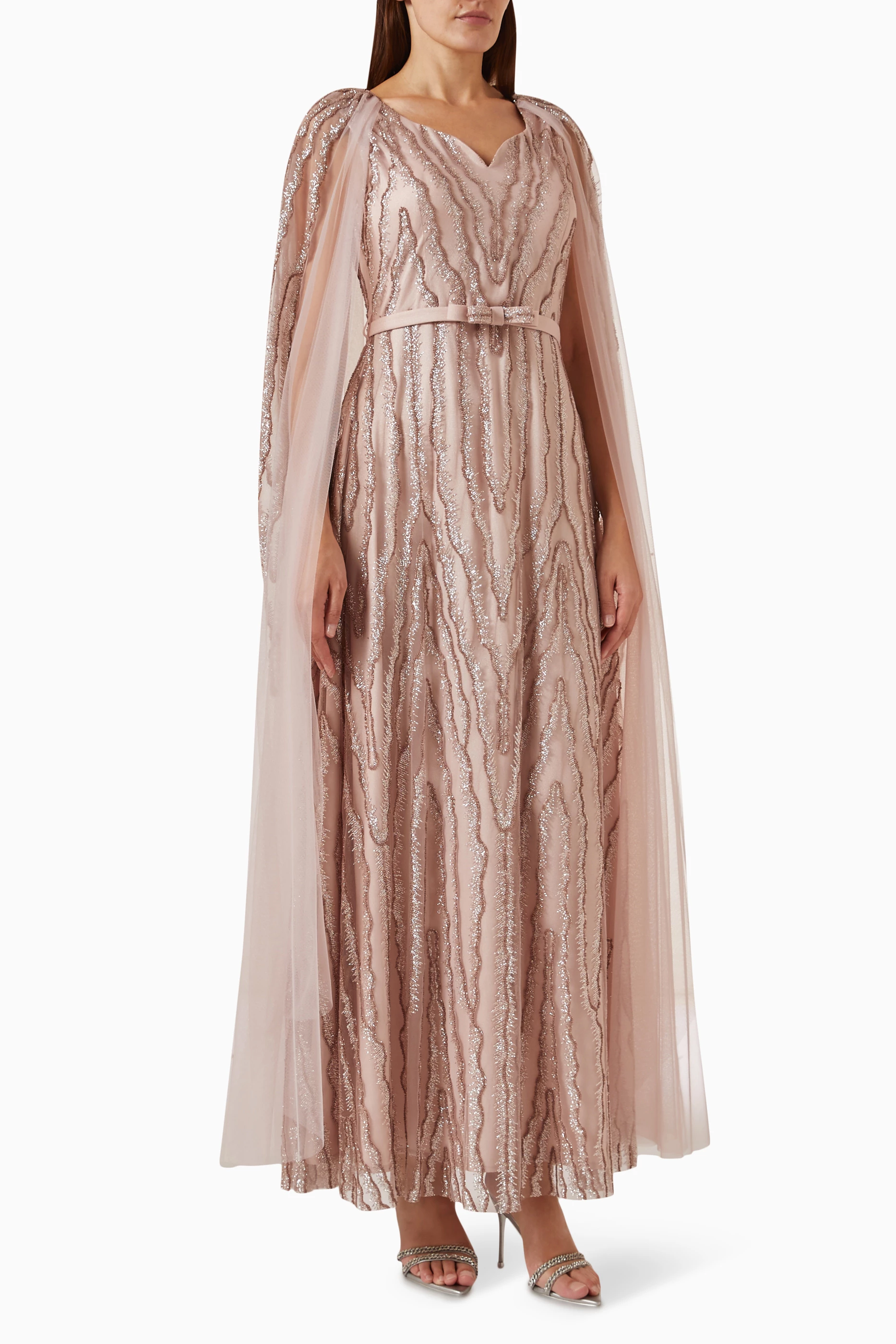 Buy Eleganza La Mode Pink Beaded Maxi Dress in Tulle Silk for