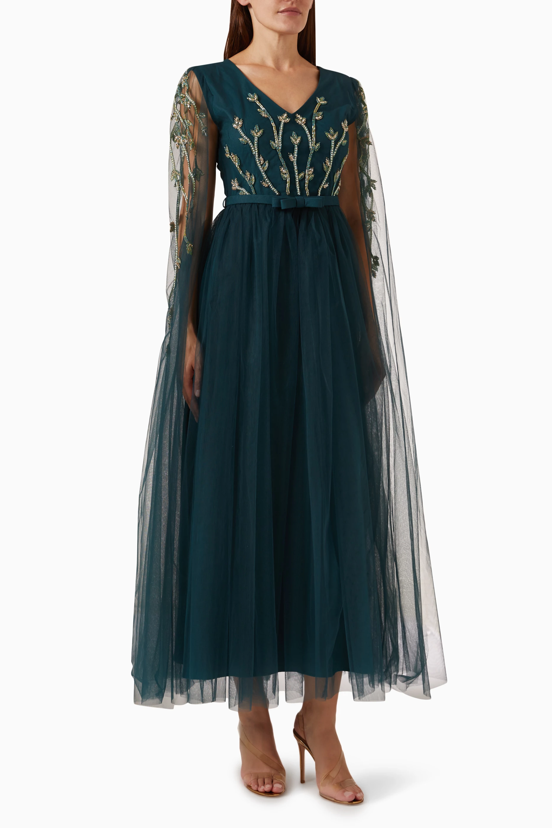 Buy Eleganza La Mode Green Bead embellished Maxi Dress in Tulle