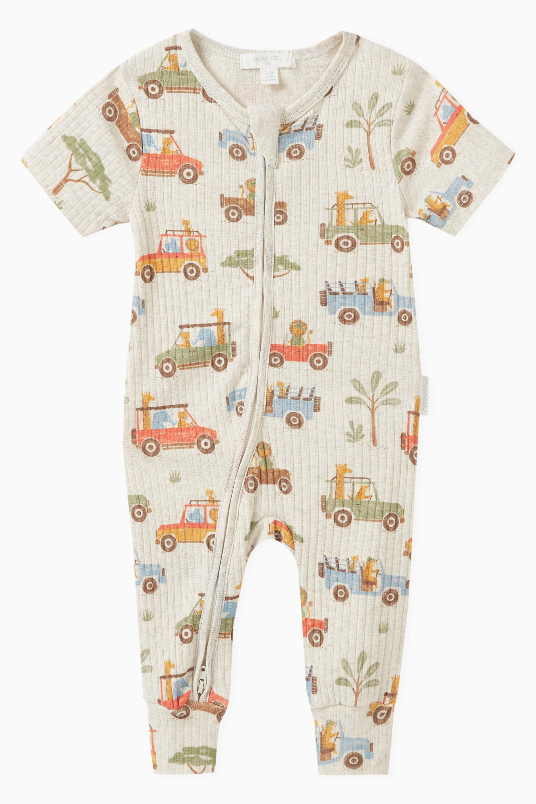 Buy Purebaby Multicolour Safari Rib Zip Romper in Stretch Organic