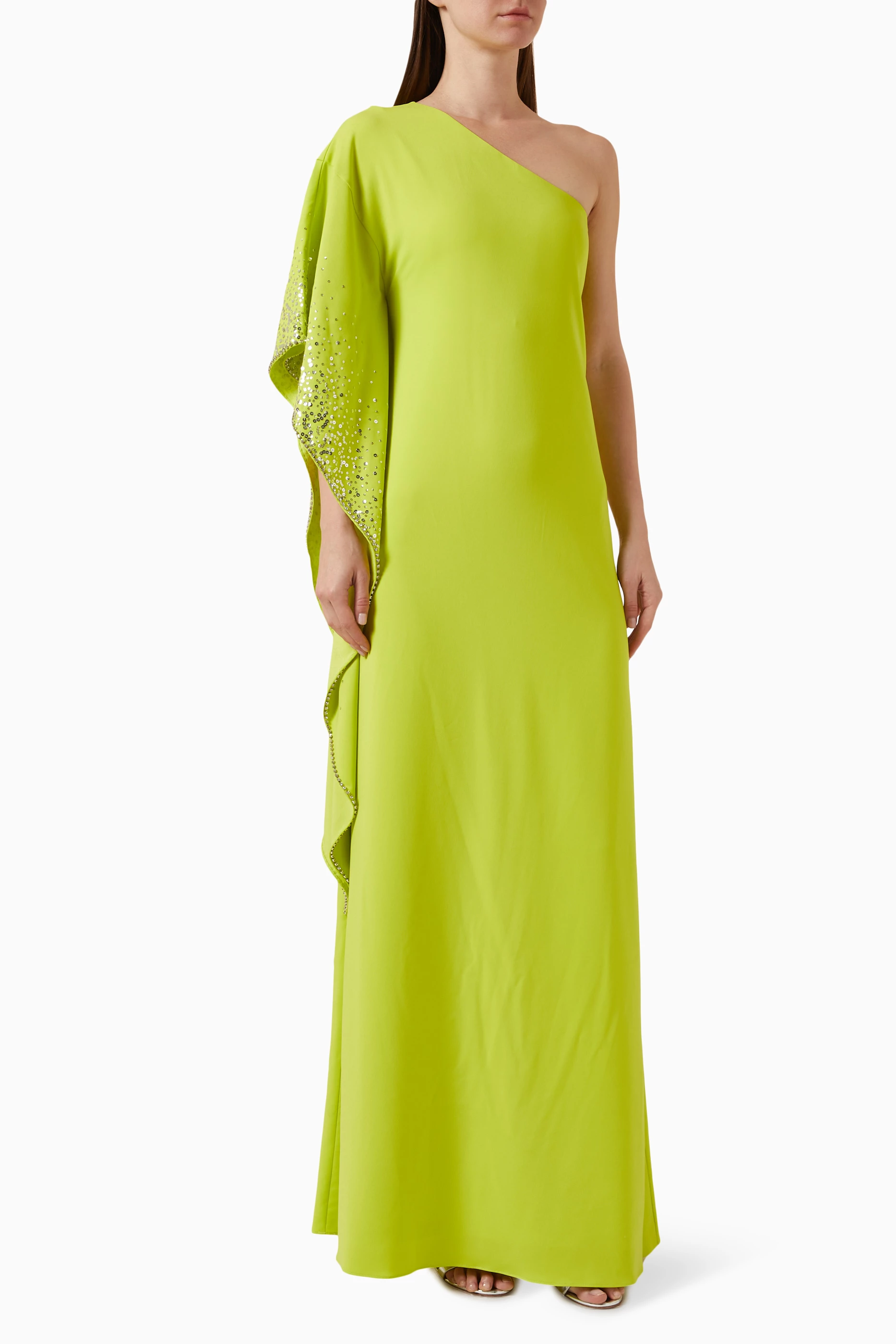 Buy Marchesa Notte Green One Shoulder Kaftan in Cr pe for Women in