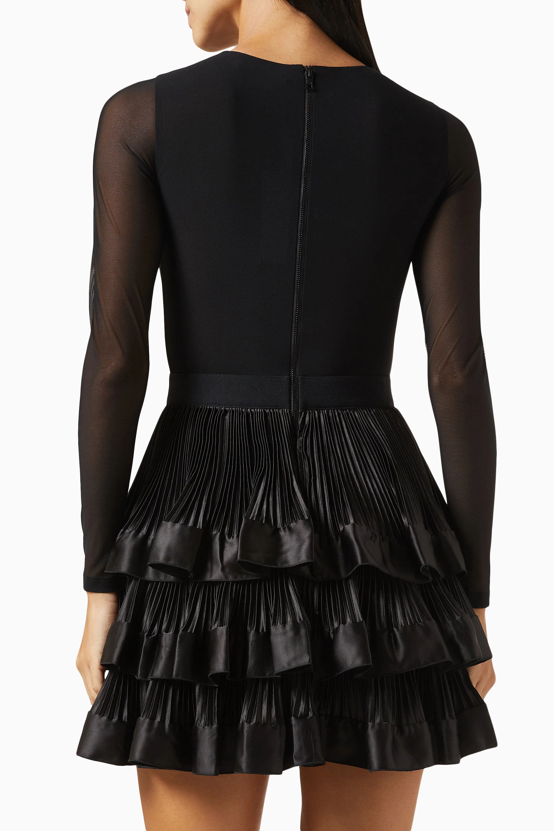 Buy Alice Olivia Black Chara Tiered Ruffle Mini Dress in Stretch
