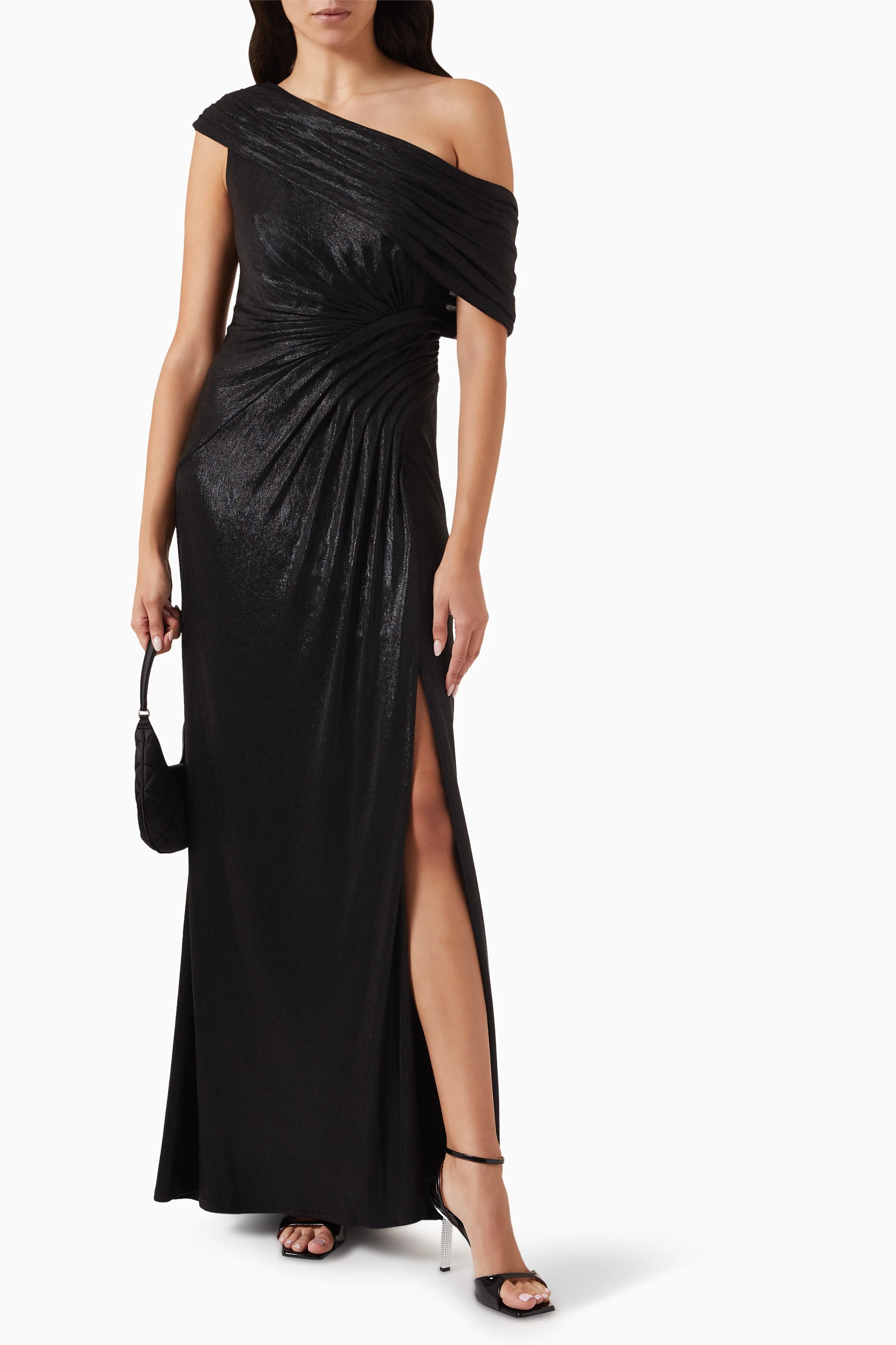 Buy Tadashi Shoji Black Leary Draped One Shoulder Gown in Metallic Jersey for Women in UAE Ounass