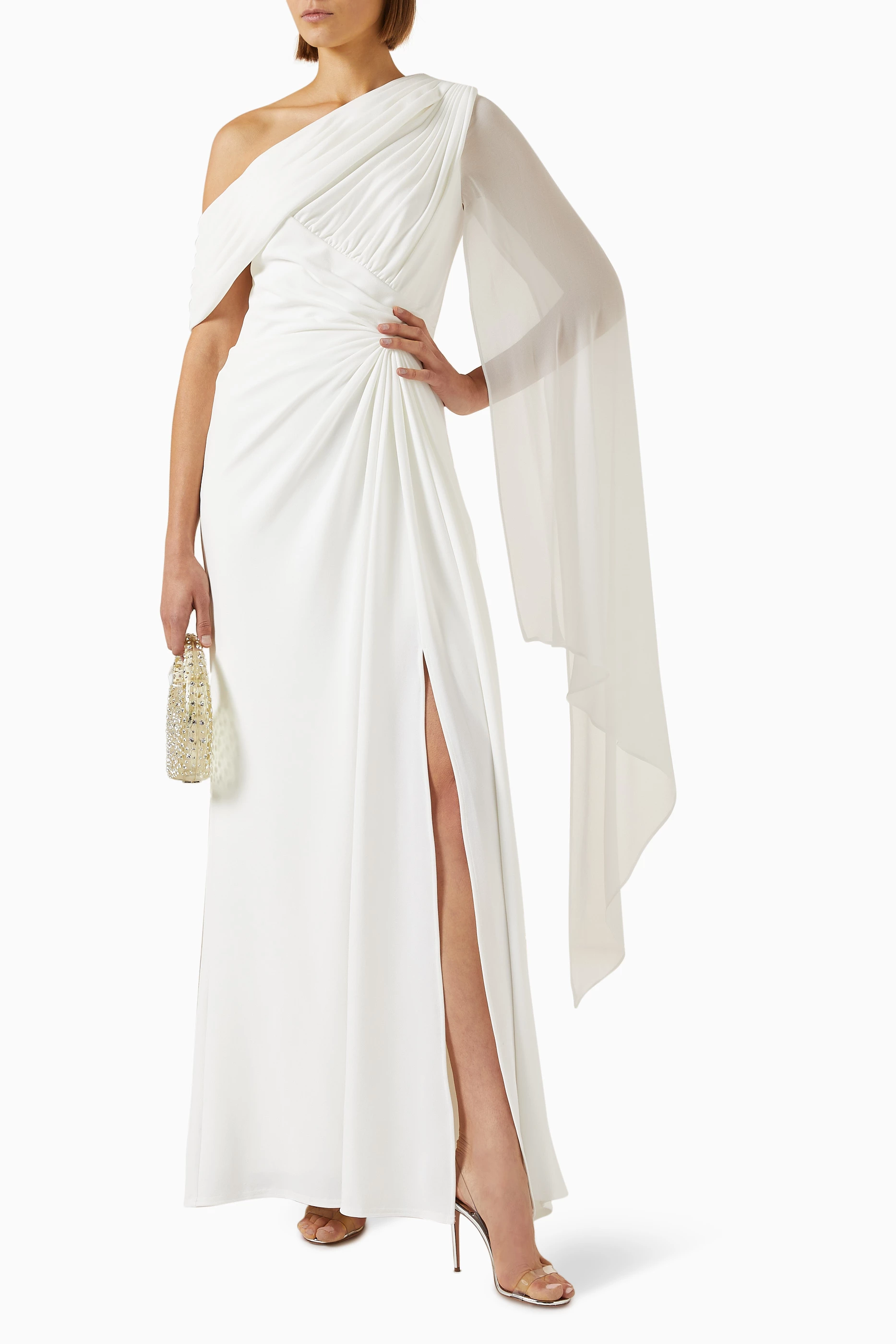 Buy Tadashi Shoji Neutral Quill Draped Cape Sleeve Gown in Crepe