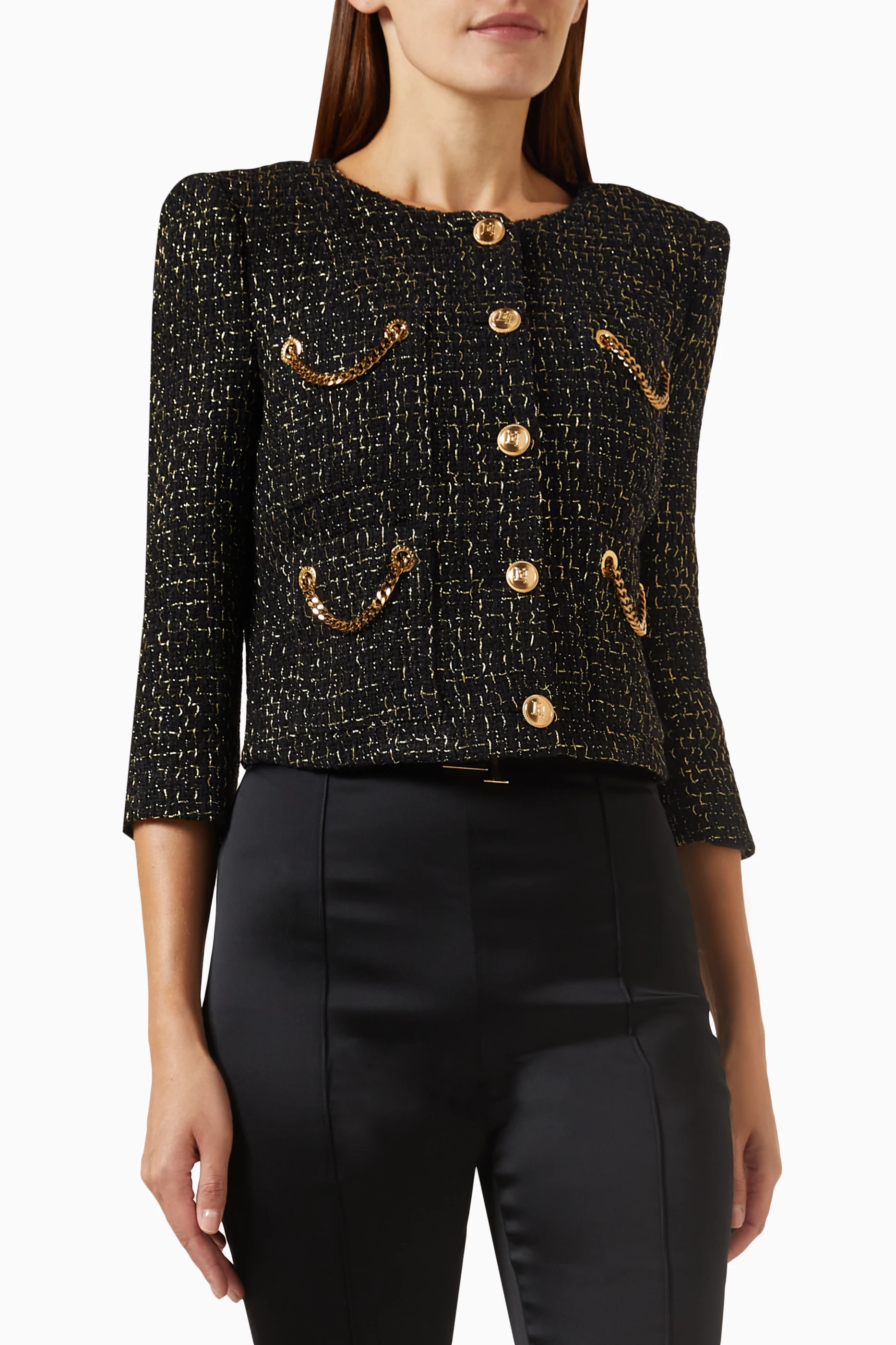 Buy Elisabetta Franchi Black Chain Short Jacket in Lurex tweed for