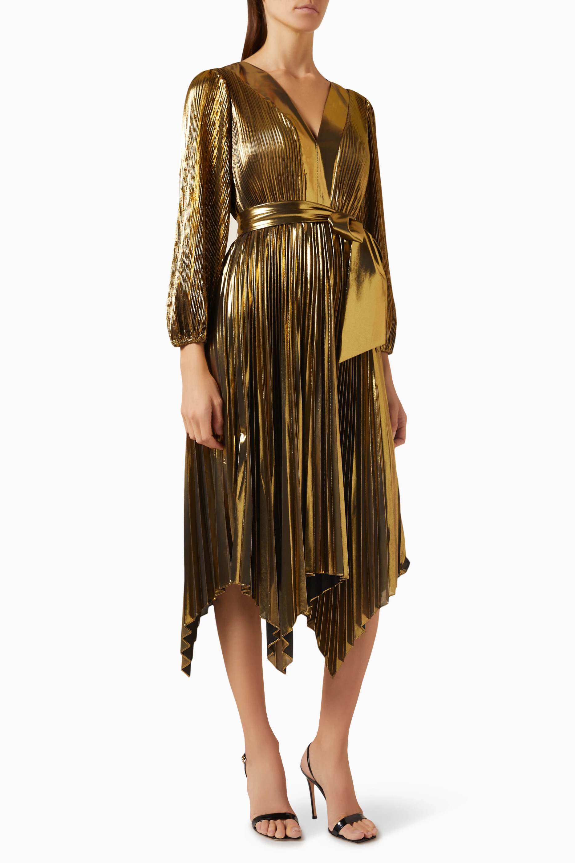 Metallic pleated midi online dress
