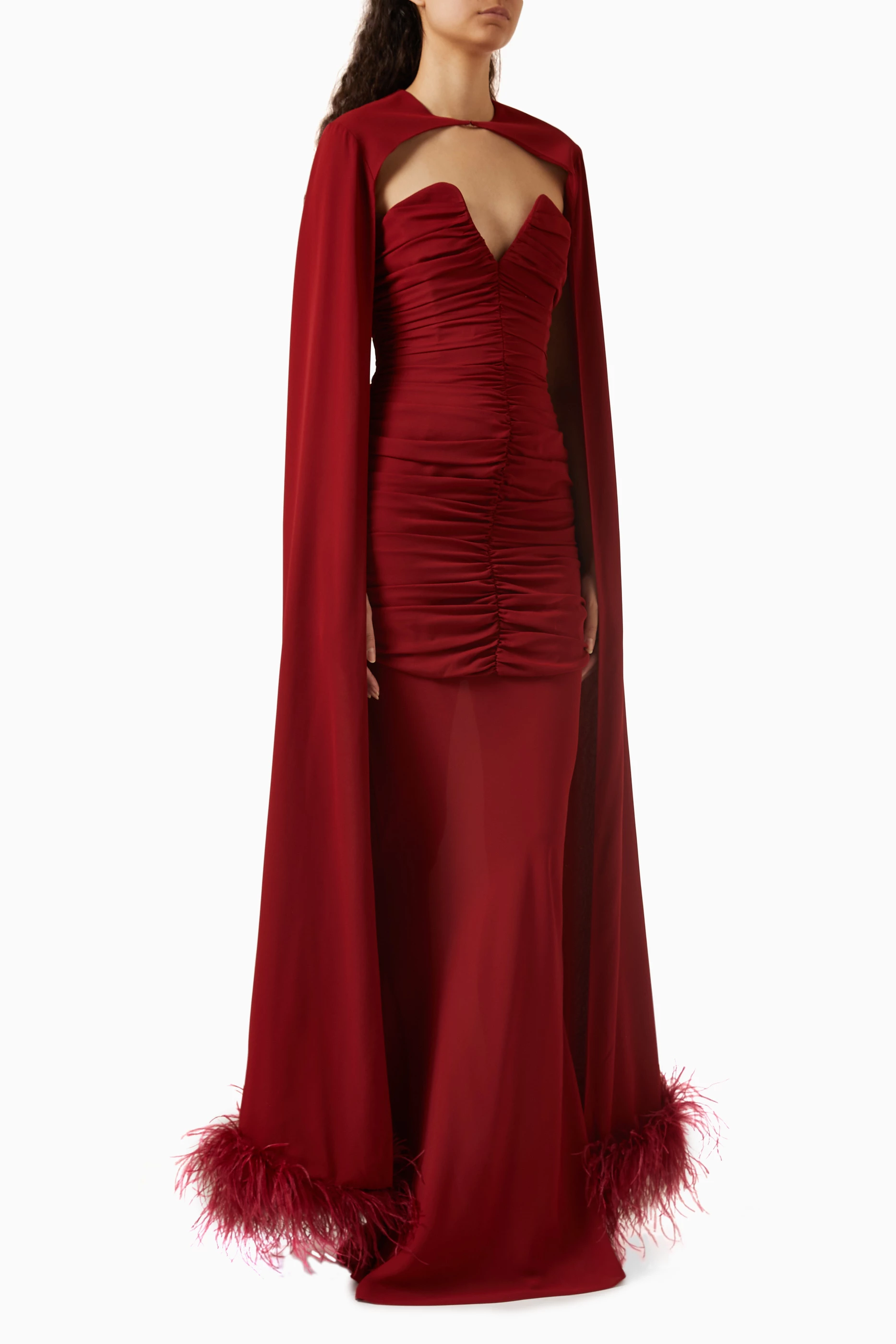 Buy De La Vali Burgundy Darling Maxi Cape Dress in Claret Chiffon