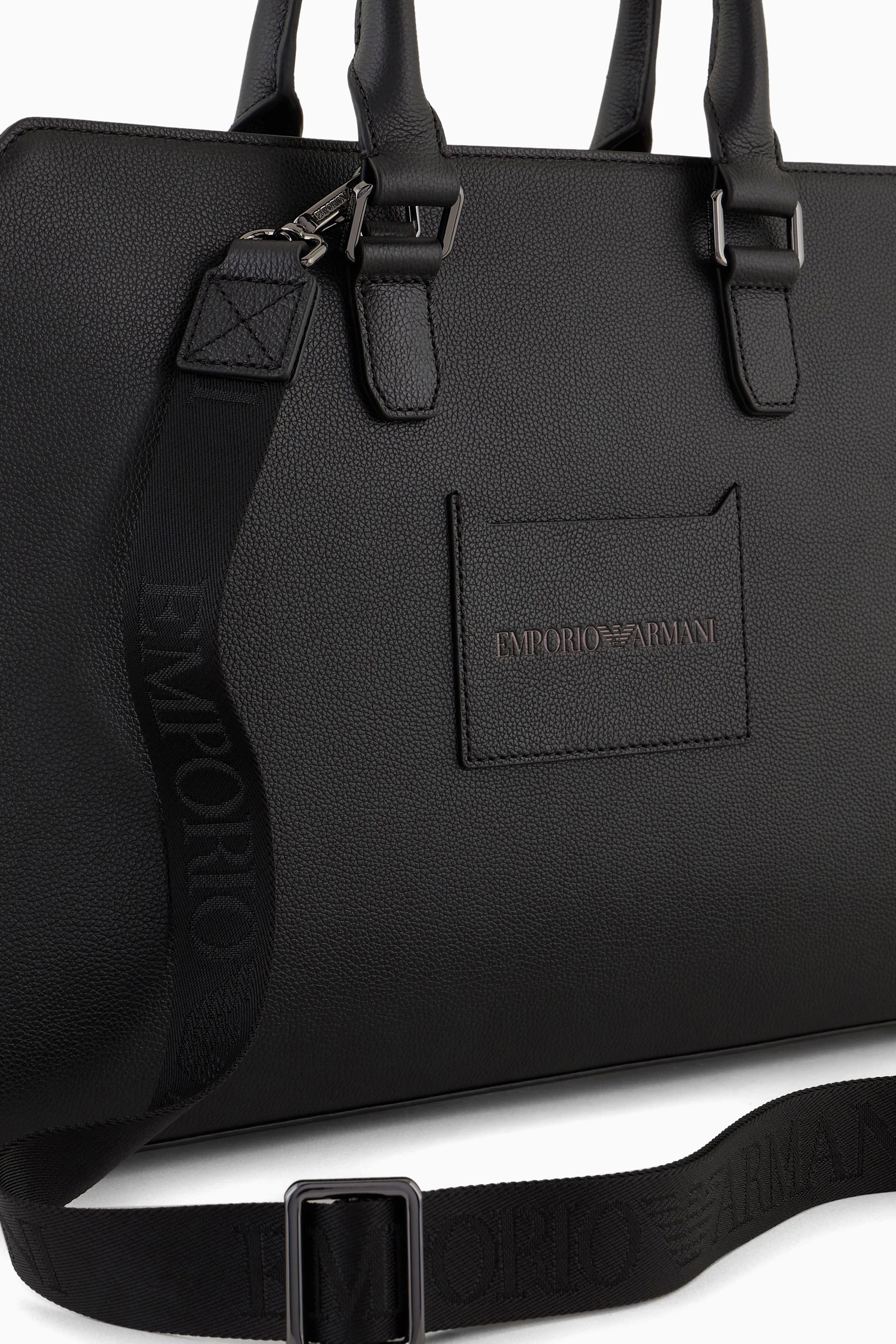 Buy Emporio Armani Black EA Logo Laptop Bag in Grained Leather for