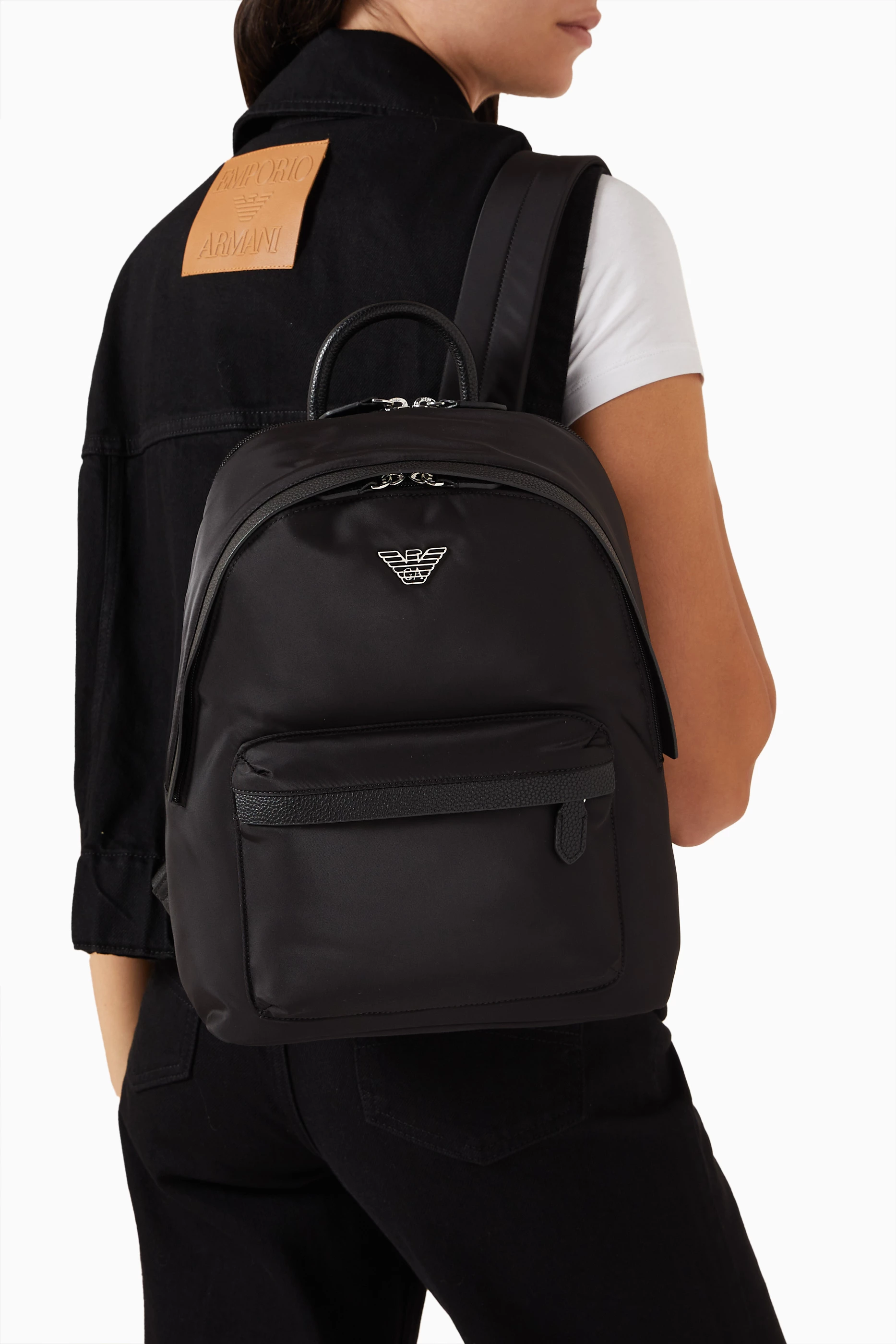 Armani black backpack sales