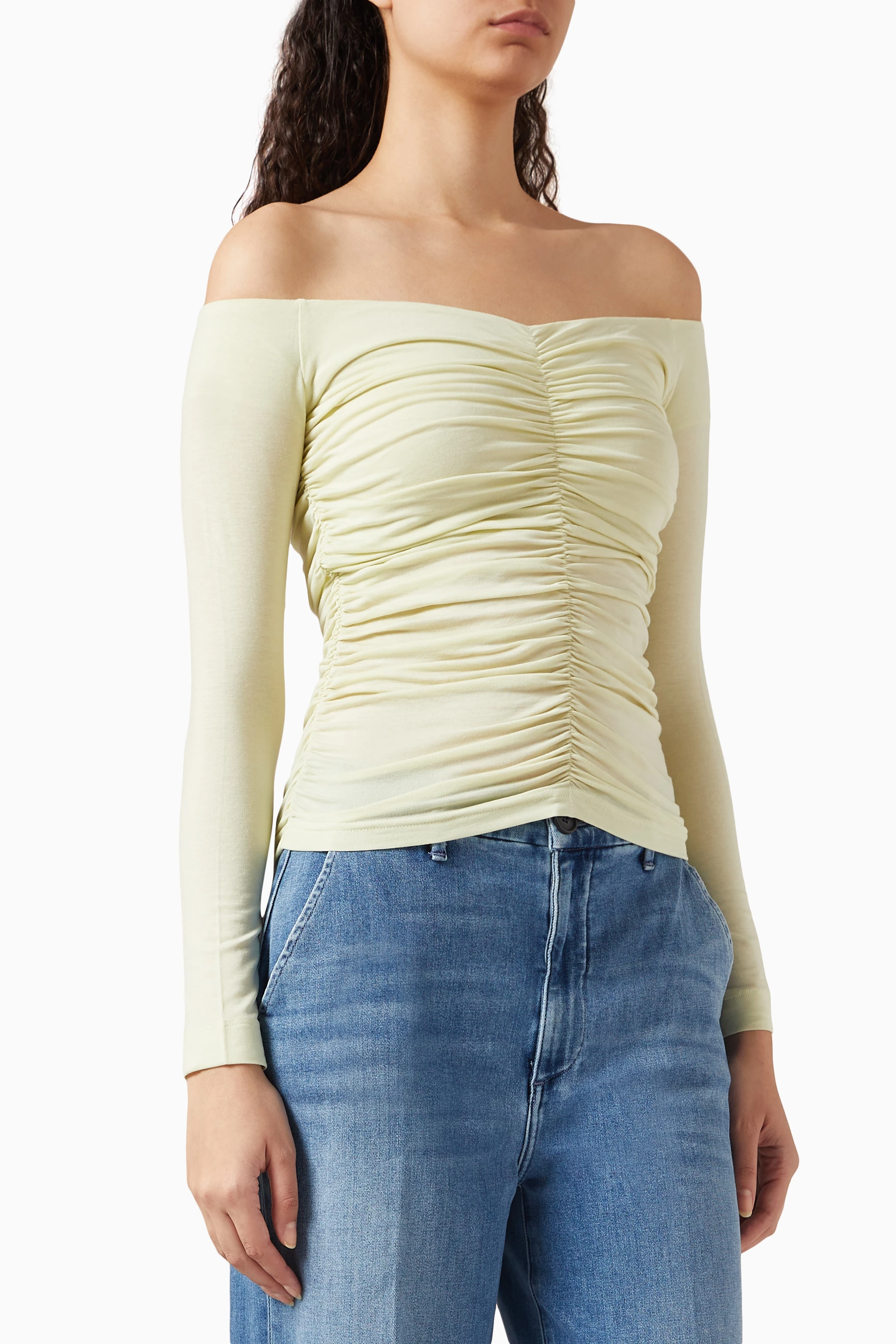 Buy Ninety Percent Green Agra Ruched Off the shoulders Top in