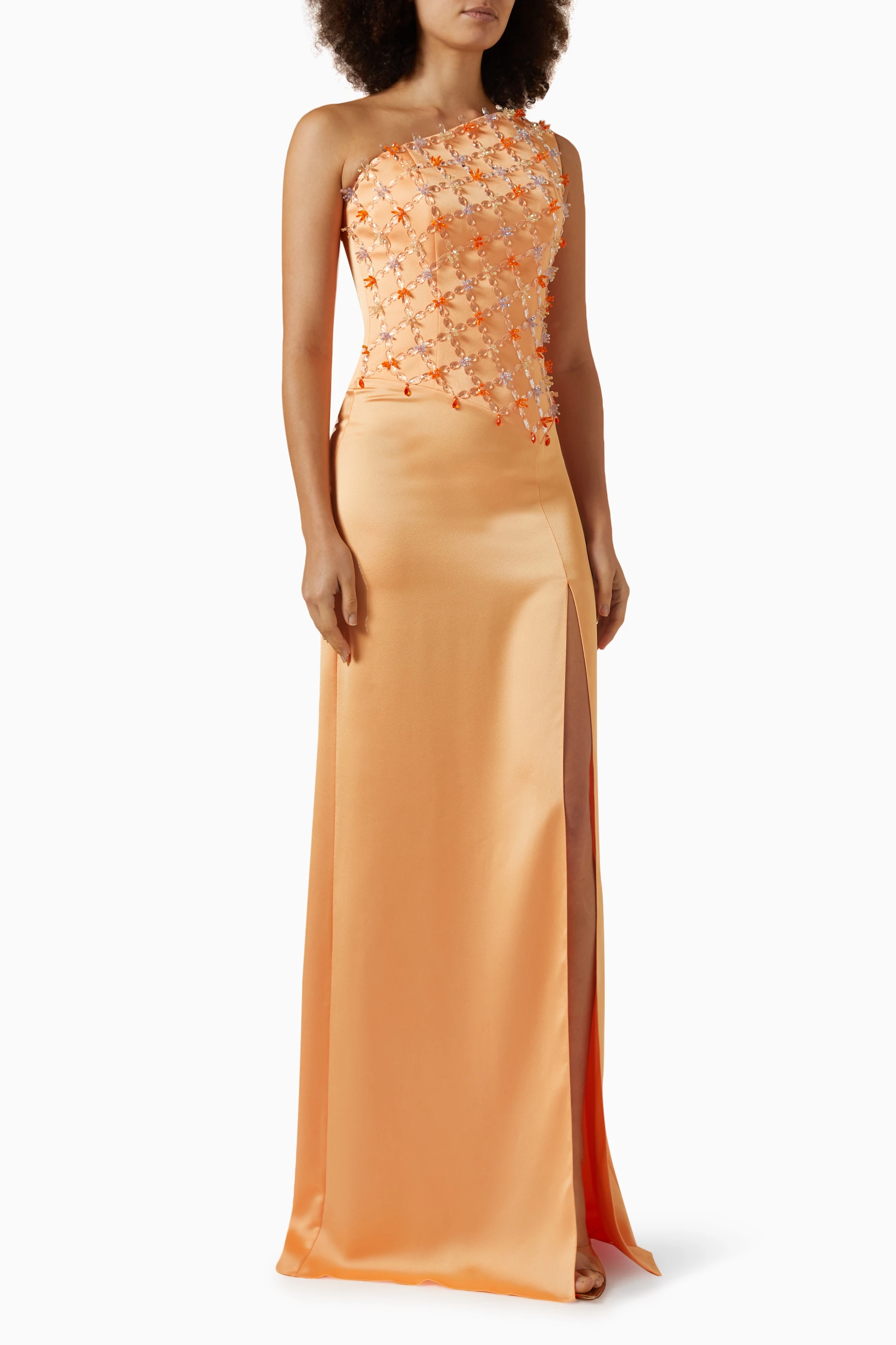 Buy Moon Hakaan Yildirim Orange Anemone One shoulder Gown for